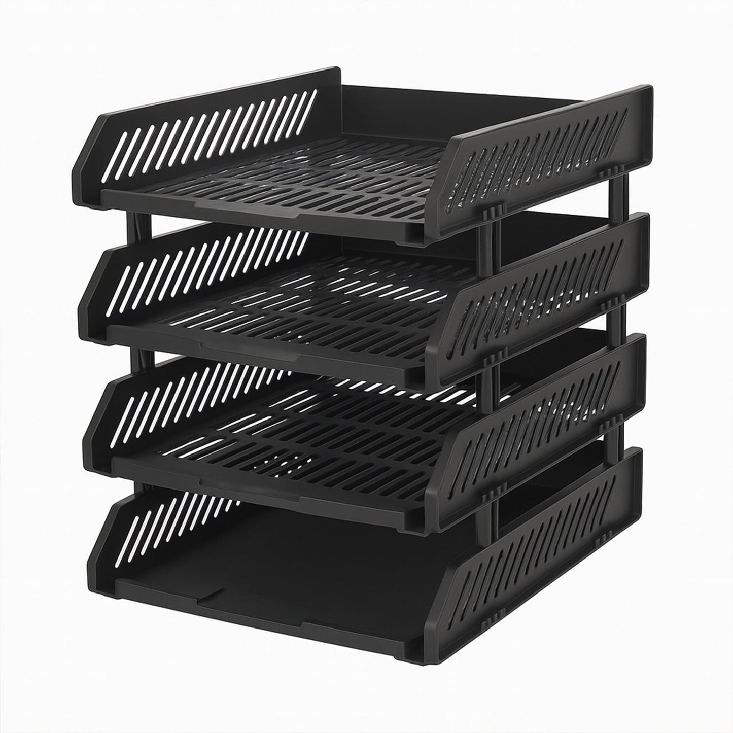 Side view of the four-layer desktop storage rack holding office files.