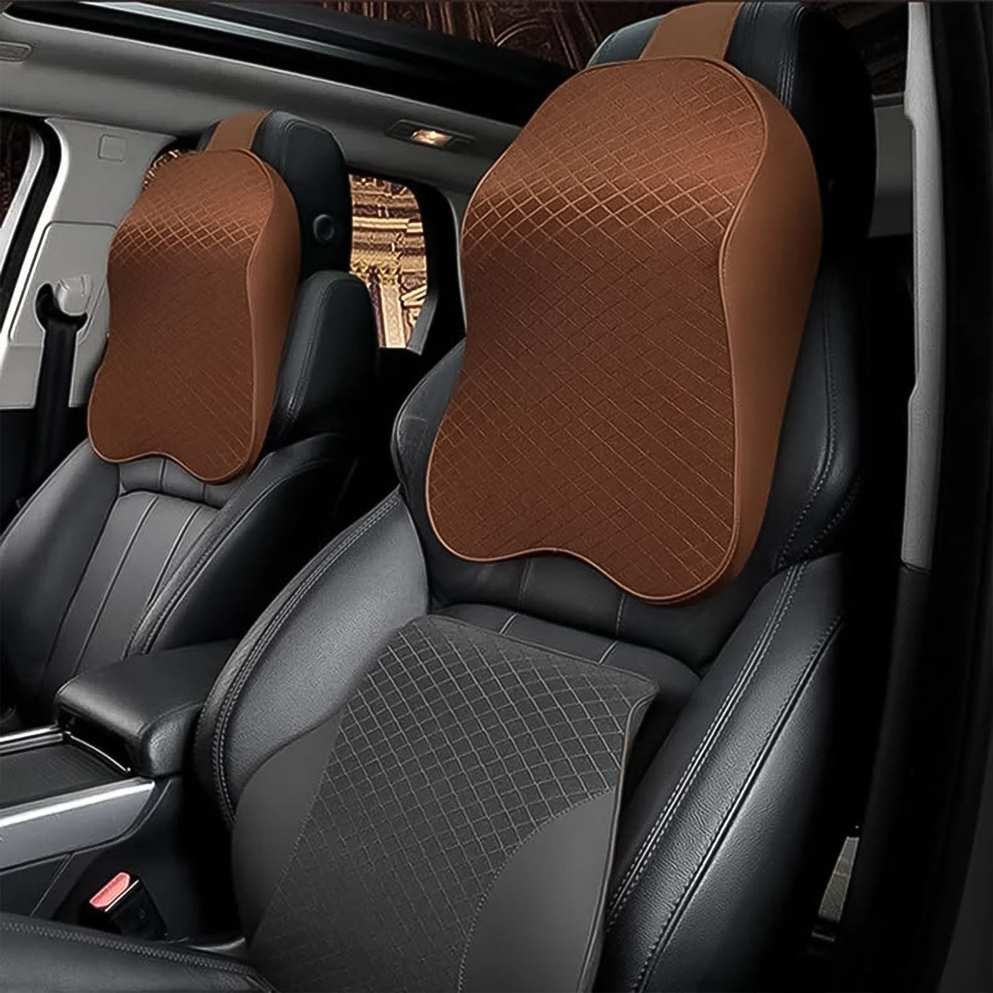 Memory Foam Car Neck Pillow dimensions shown for easy fit in various car seats.