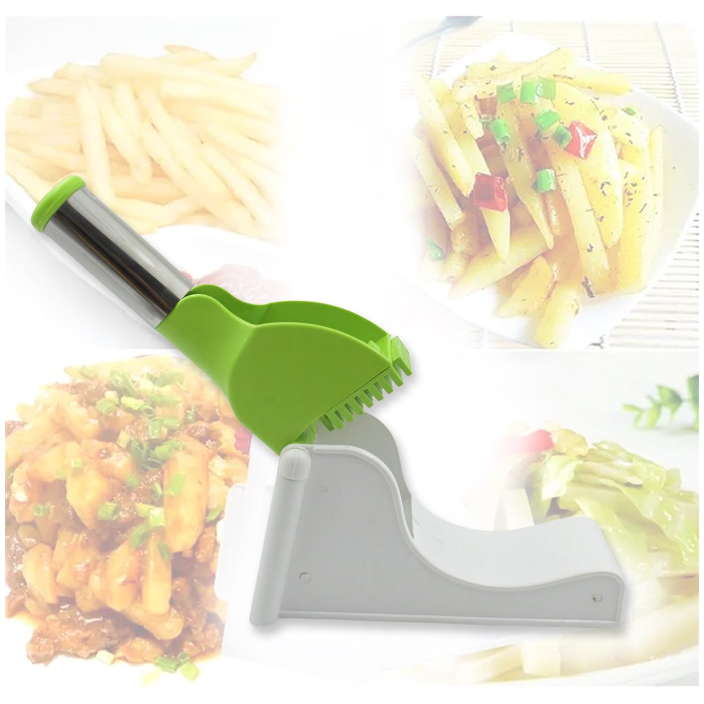 Durable potato chipser with integrated container for mess-free prep.