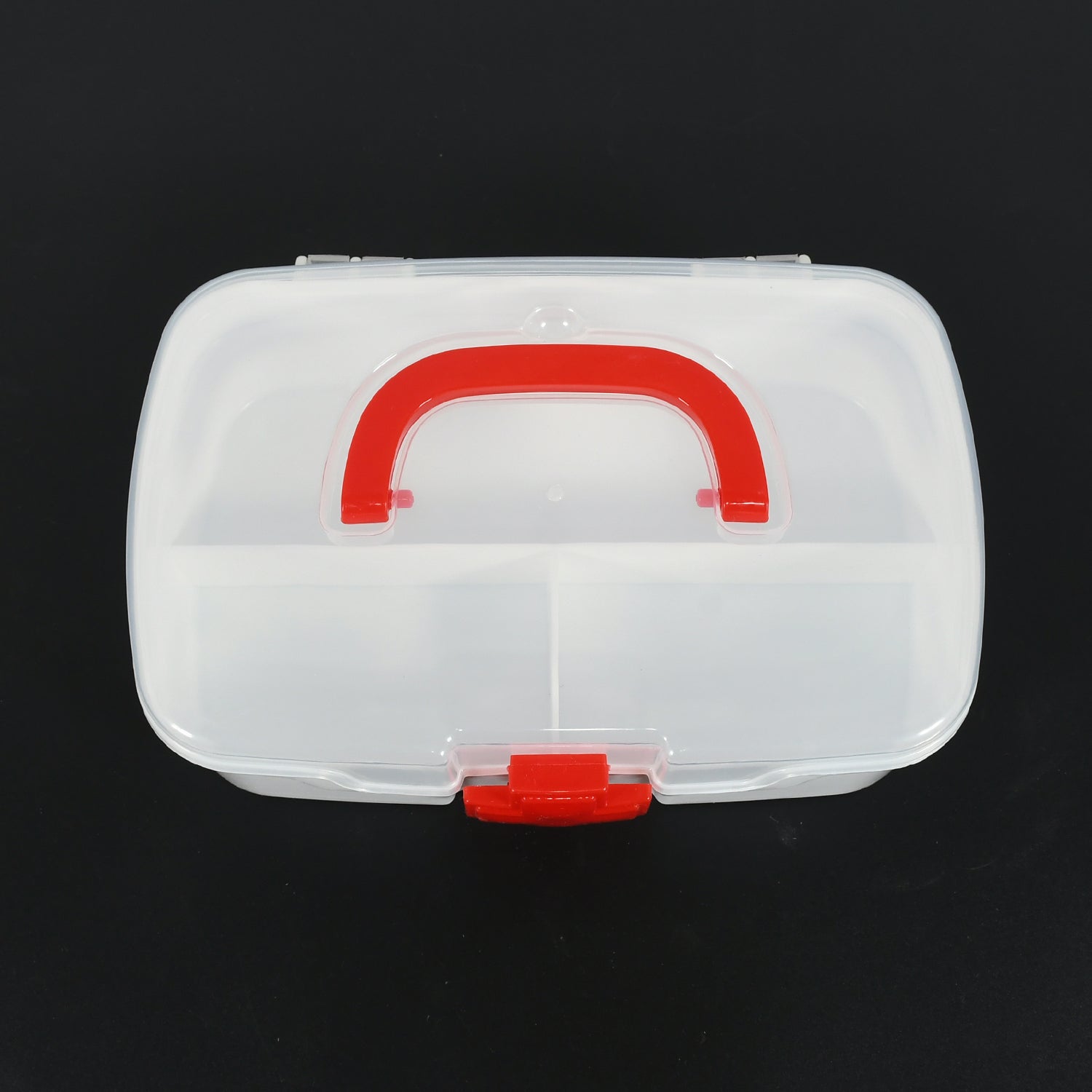 Detail shot of the carrying handle and secure latch mechanism on the portable first aid kit box.
