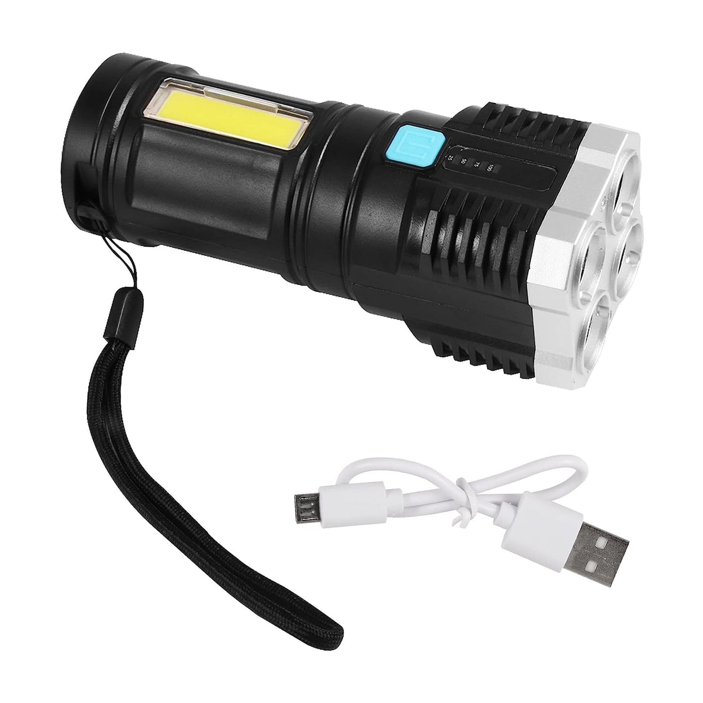 A black and silver flashlight with a wrist strap and a white USB charging cable on a plain white background.