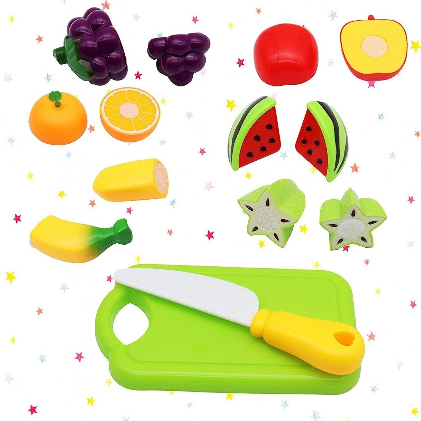 Detailed shot of the durable, non-toxic plastic fruits and vegetables from the play food set.