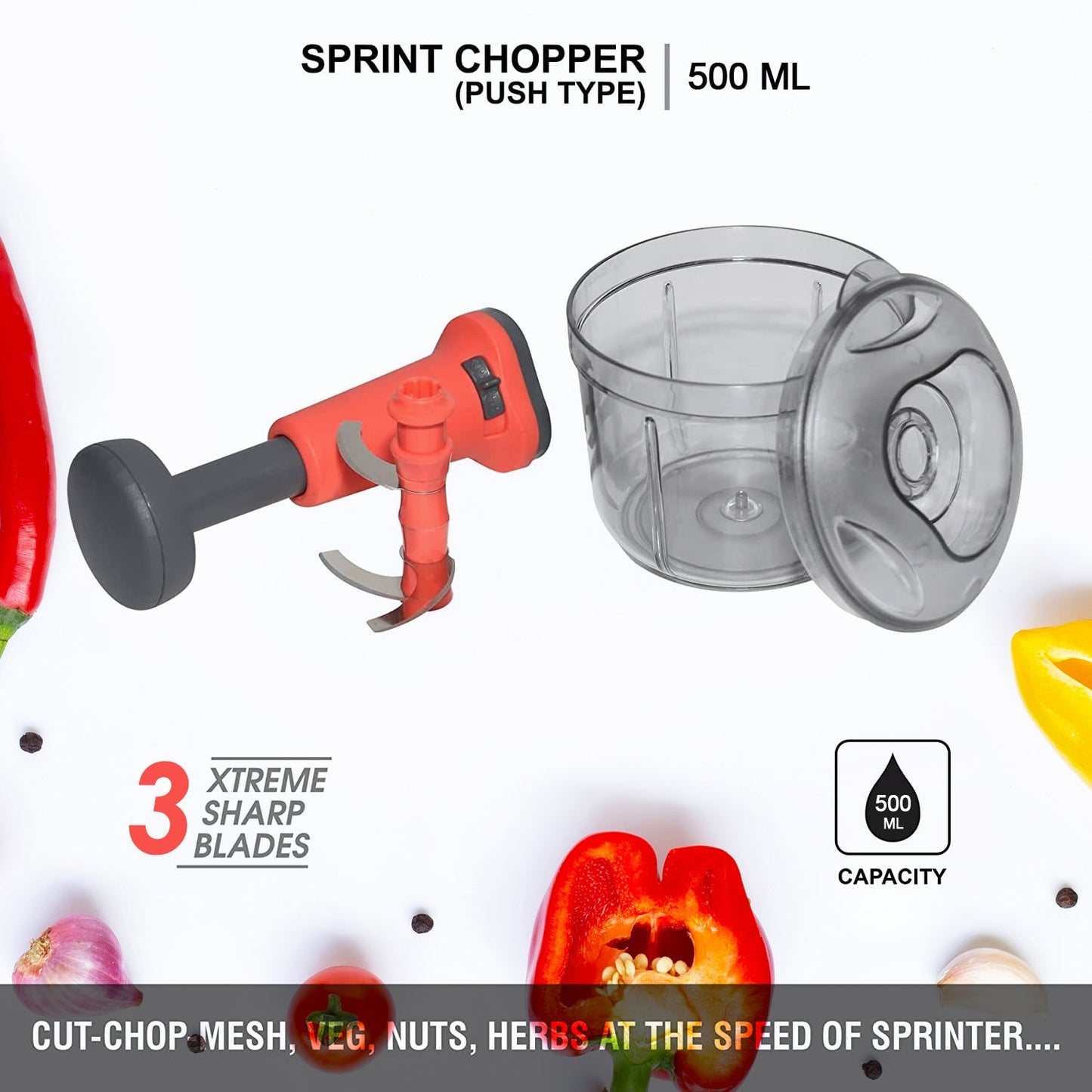 Close-up of the manual hand press chopper's sharp stainless steel blades for precise chopping.