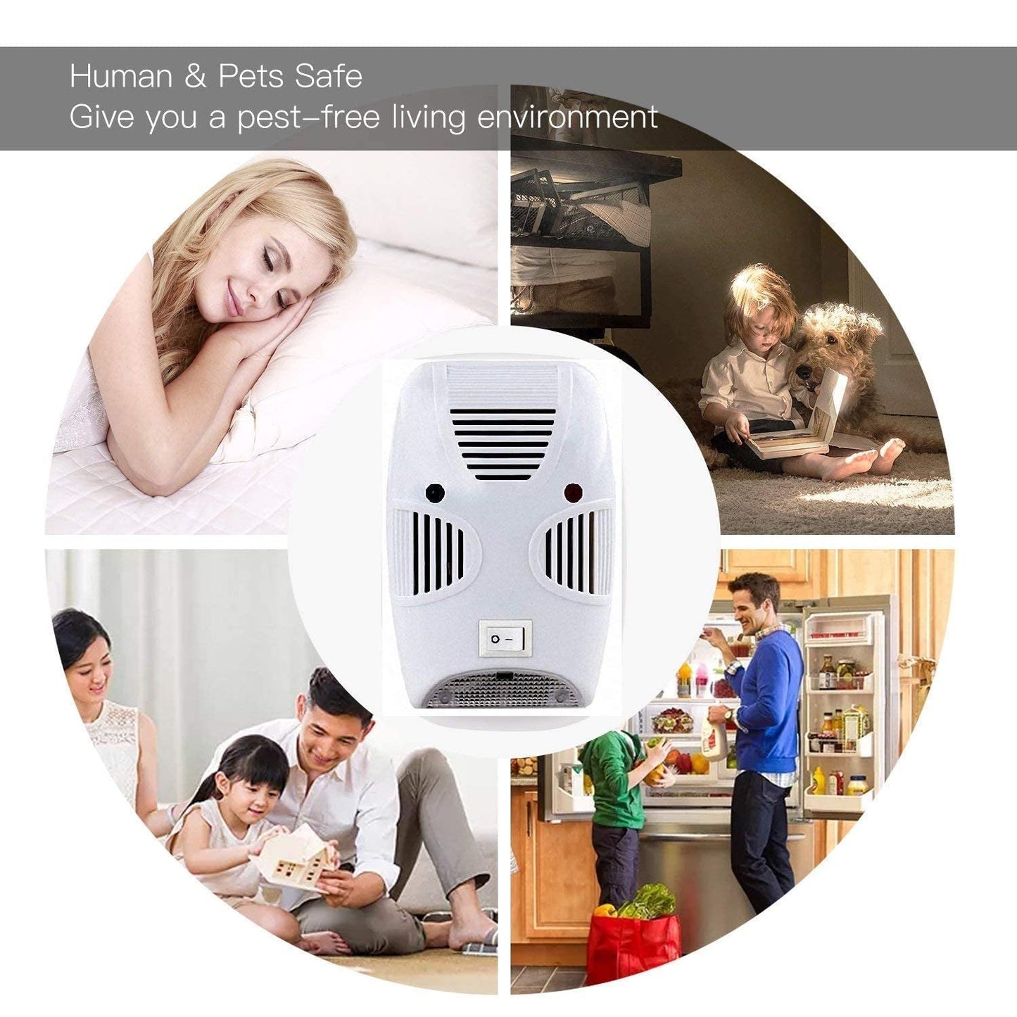 A central white pest repeller surrounded by four circular images of people and pets enjoying a pest-free environment.