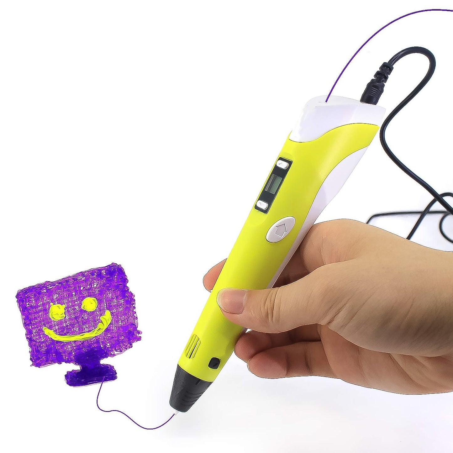 Contents of the 3D printing pen set, including the pen, filaments, USB cable, and stand.