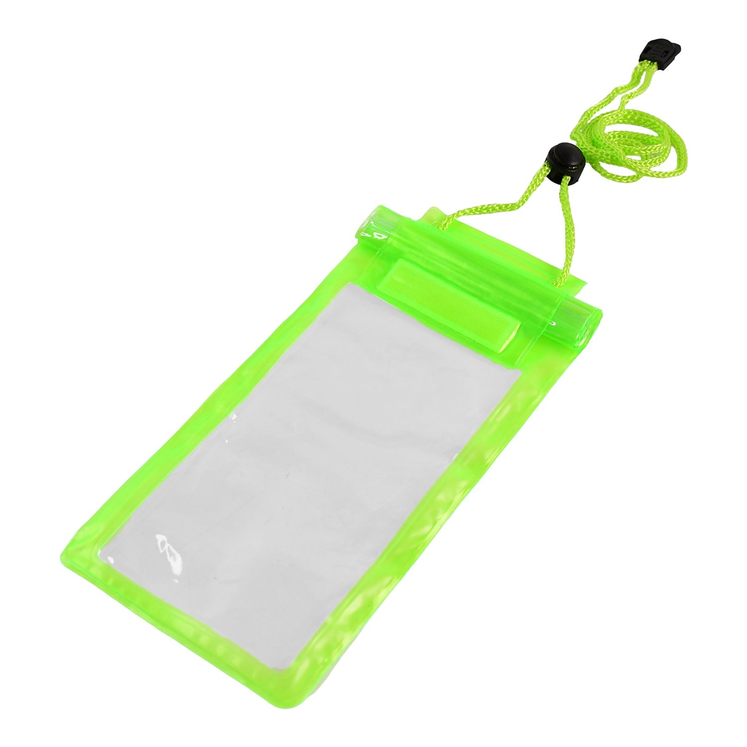 A translucent neon green waterproof pouch with a clear front panel and a matching lanyard is presented against a white