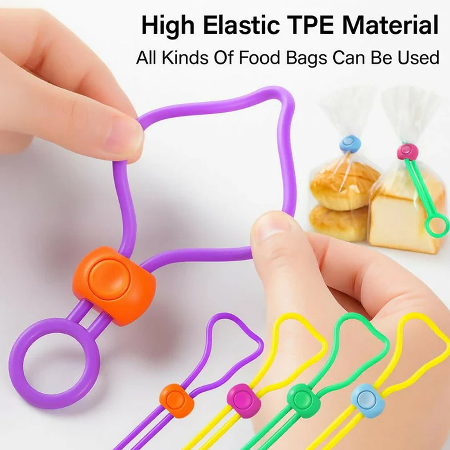 Close-up view of silicone food bag locking clips