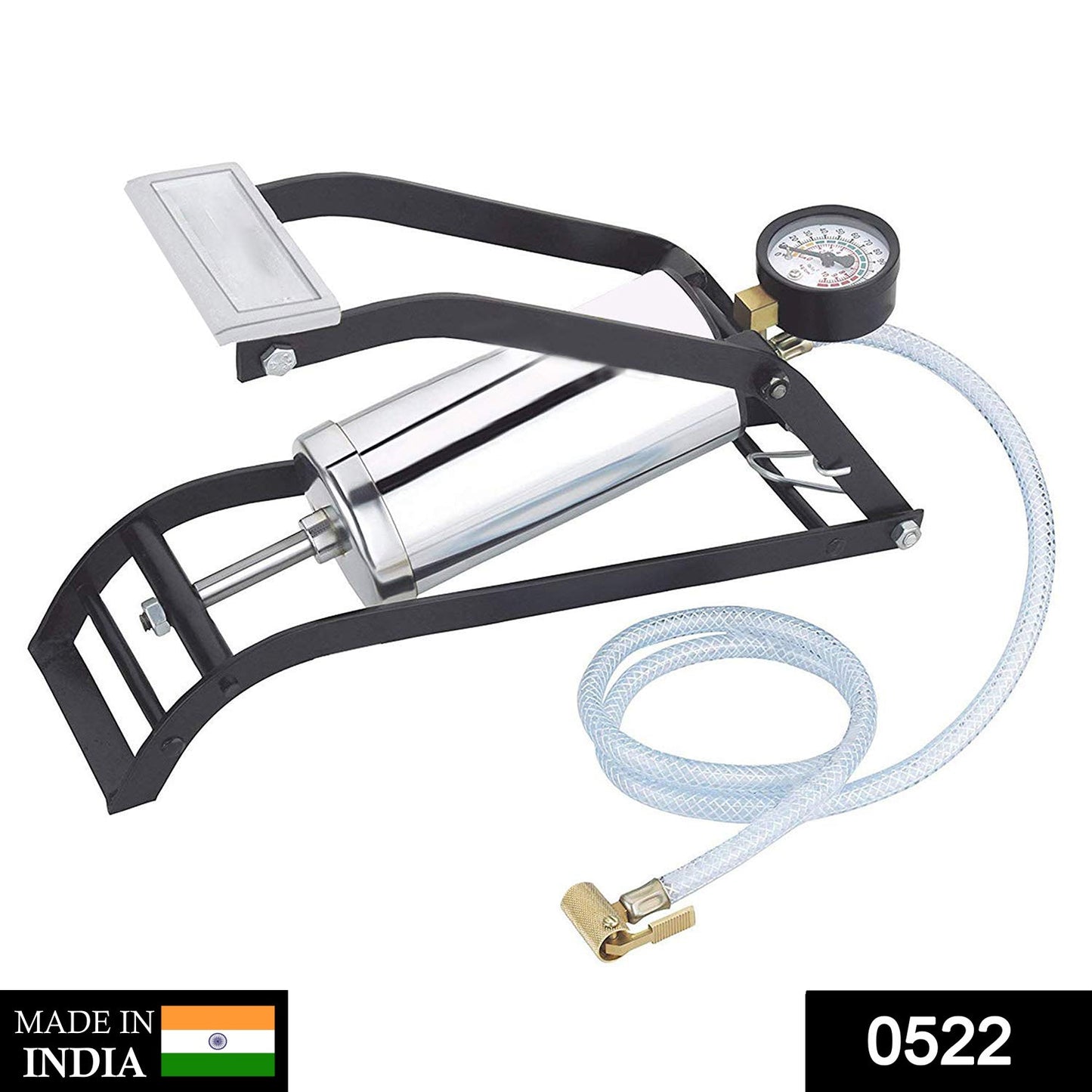 Heavy-duty steel foot pump with gauge for car and bike tires.