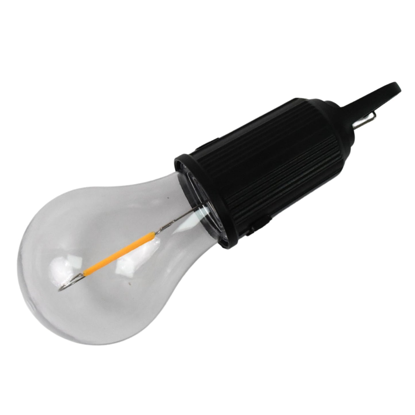 A black and clear portable LED tent light with an orange filament and a black carabiner is isolated on a white background.
