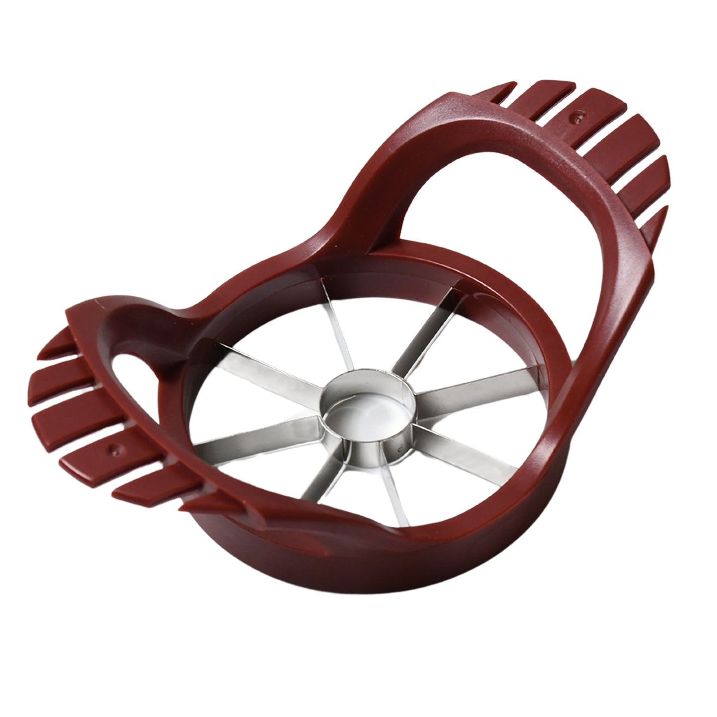 The stainless steel fruit divider in action, effortlessly slicing an apple into uniform pieces.