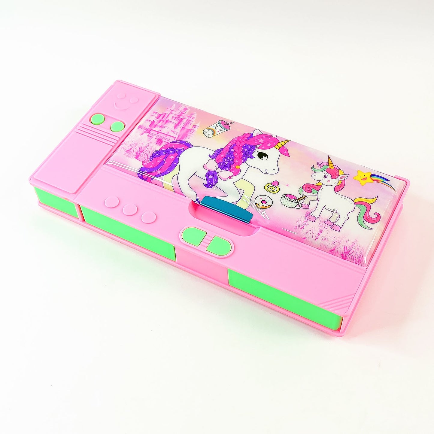 Kids' hands opening the multi-compartment Jumbo Geometry Box, ready for school use.