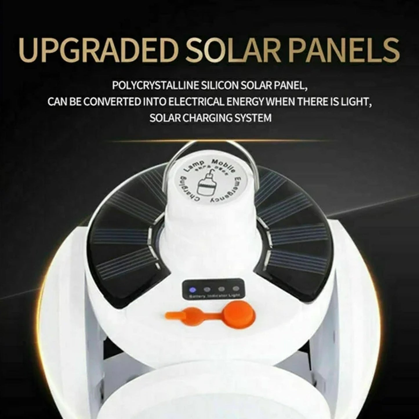 A close-up of the white solar camping light highlights its black polycrystalline silicon solar panels and orange power