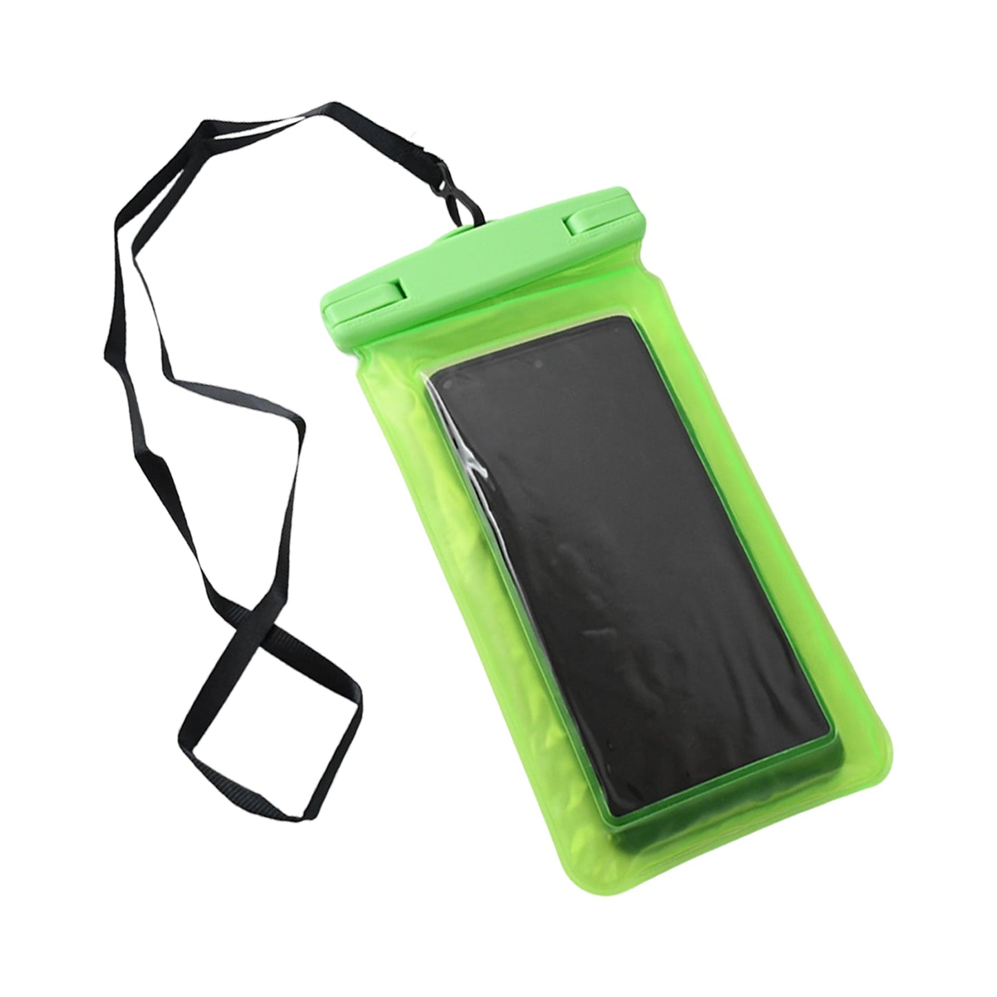A green clear phone pouch with a black smartphone and lanyard is positioned against a clean white background.
