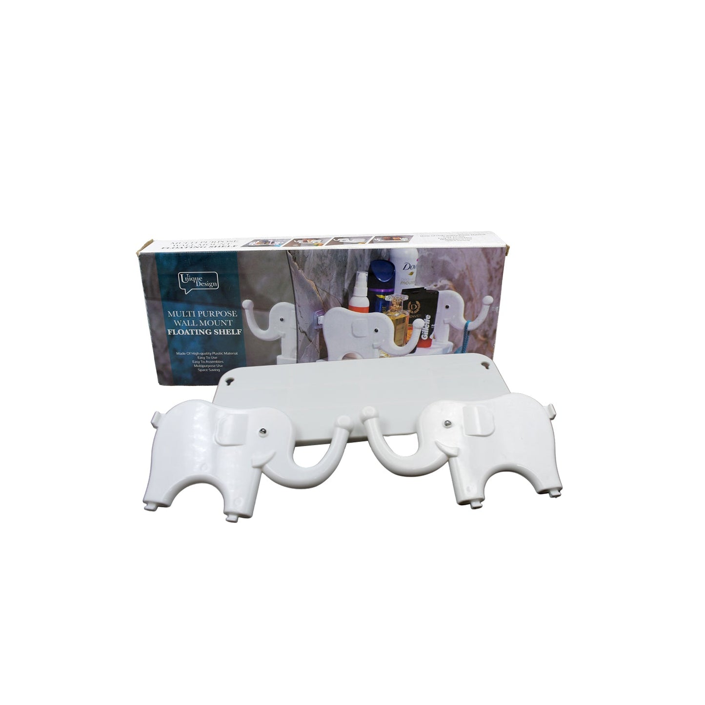 Creative elephant wall shelf securely mounted on a white wall.