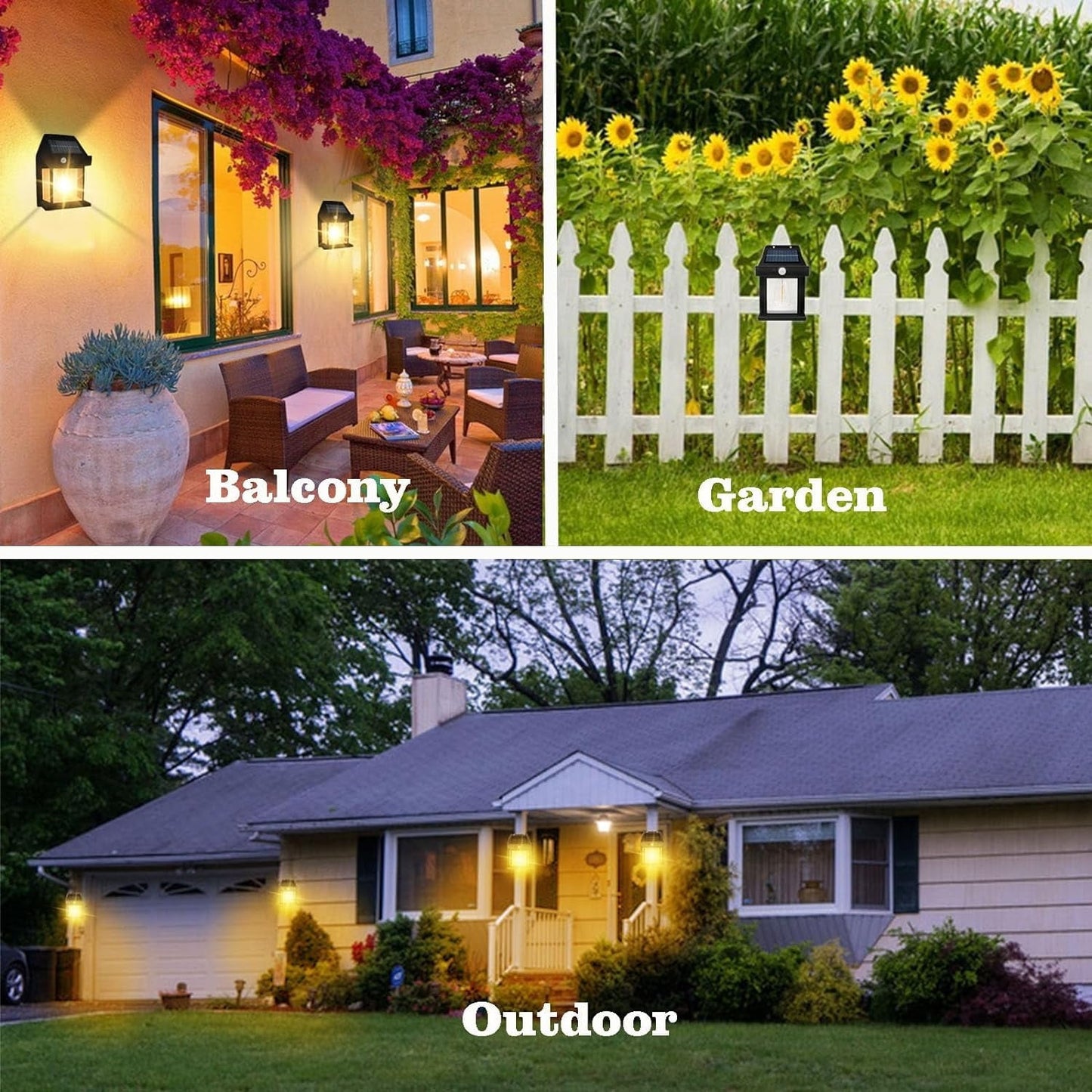 Three scenes show solar lamps: on a balcony wall with purple flowers, on a white picket fence, and illuminating a house