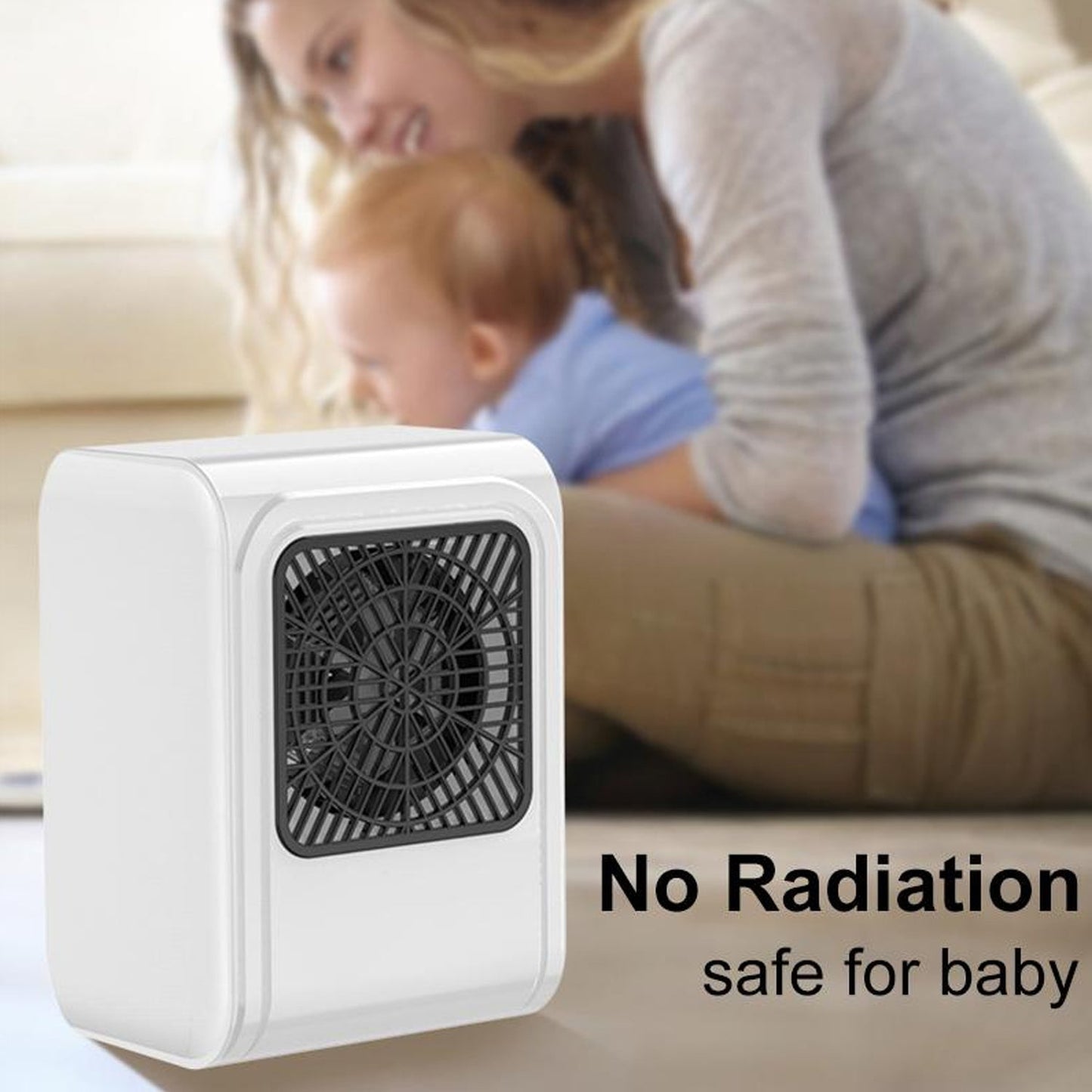 Small space heater providing warmth on an office desk.