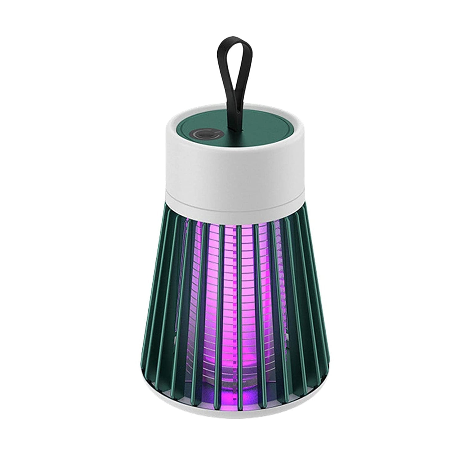 A white and dark green Mosquito Killer Lamp with a purple light inside is displayed on a white background.