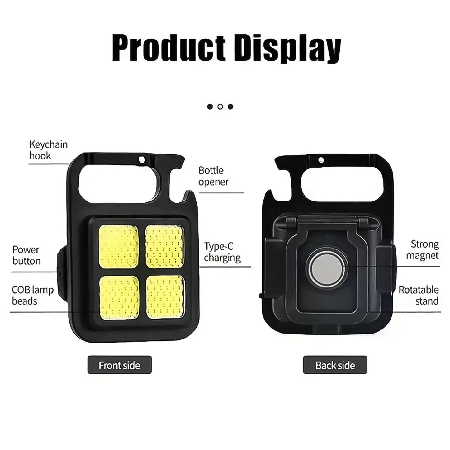 The front and back of the black LED keychain light are displayed with labels pointing to its features like the hook, bottle