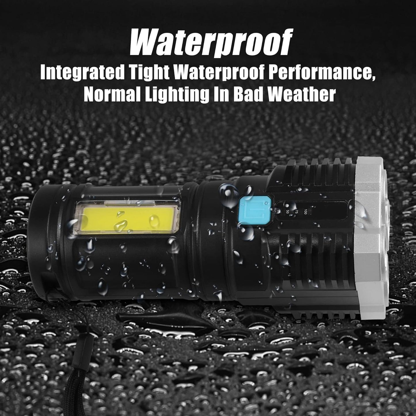 A black and silver flashlight covered in water droplets, emphasizing its waterproof feature, against a dark, wet background.