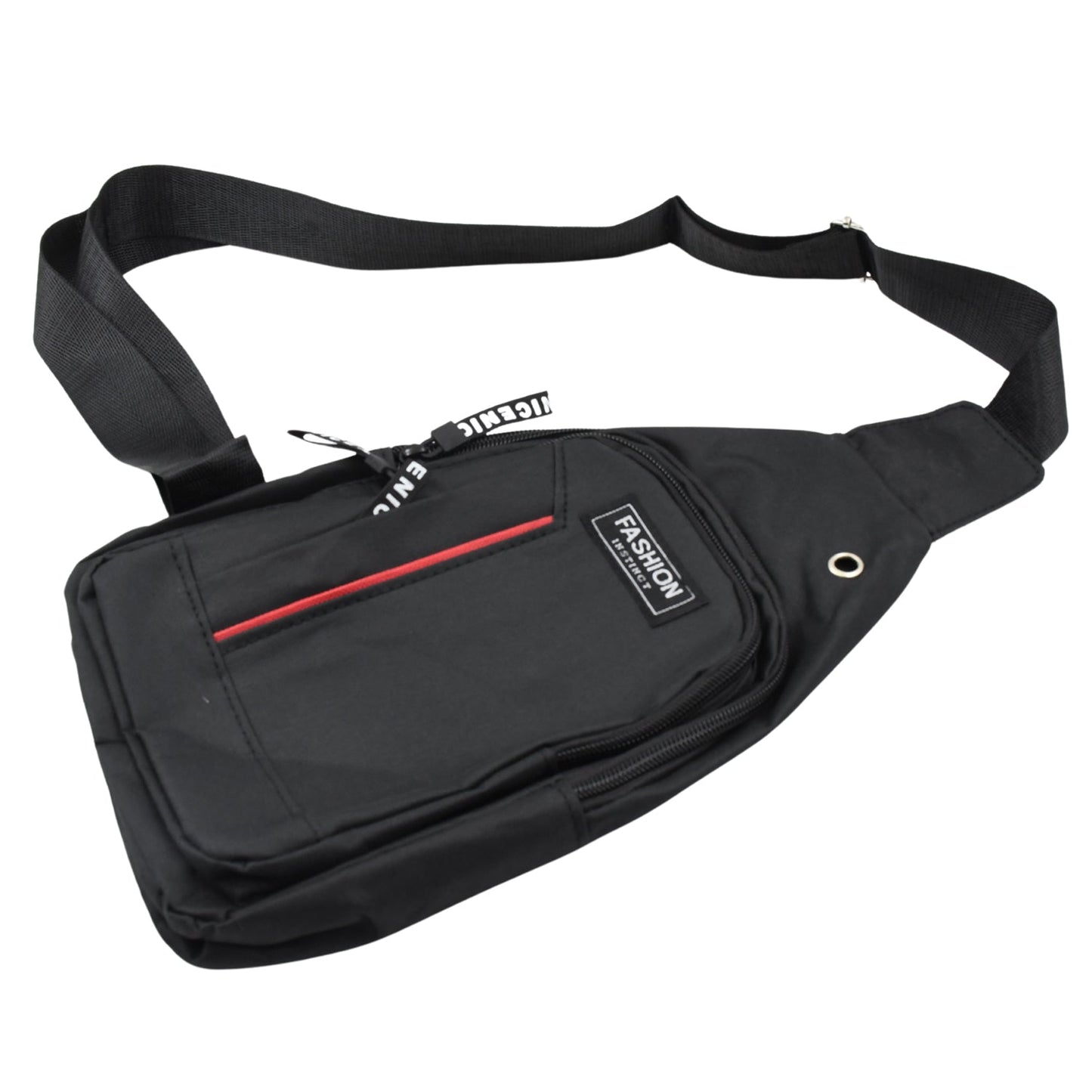 A black anti-theft sling bag with a red stripe and 'FASHION' label is shown on a white background.
