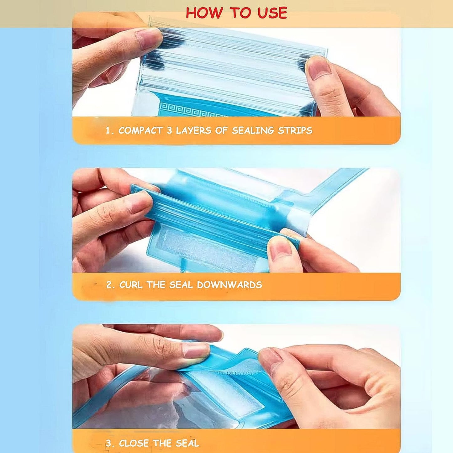 Three close-up images illustrate how to seal a blue waterproof pouch by compacting, curling, and closing its sealing strips.