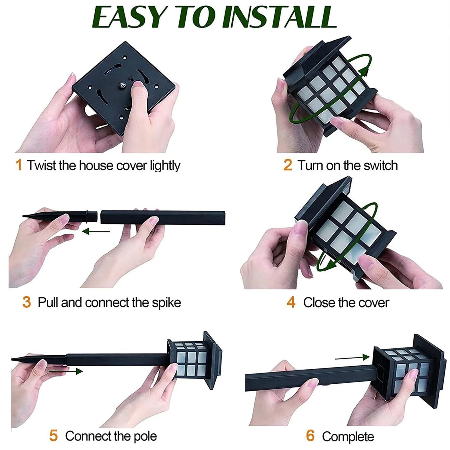 A six-step diagram illustrates how to assemble the black solar garden light with hands performing each action.