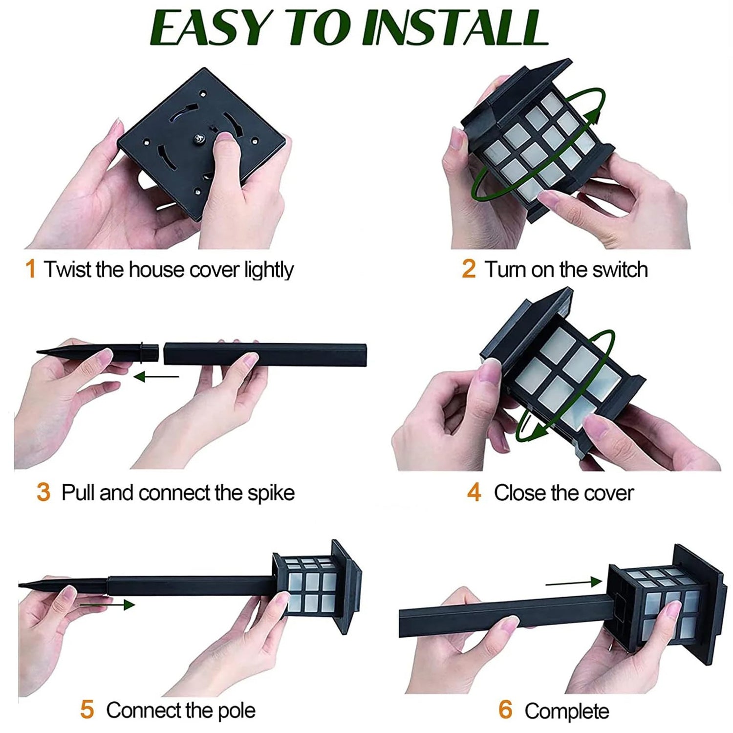 A six-step diagram illustrates how to assemble the black solar garden light with hands performing each action.