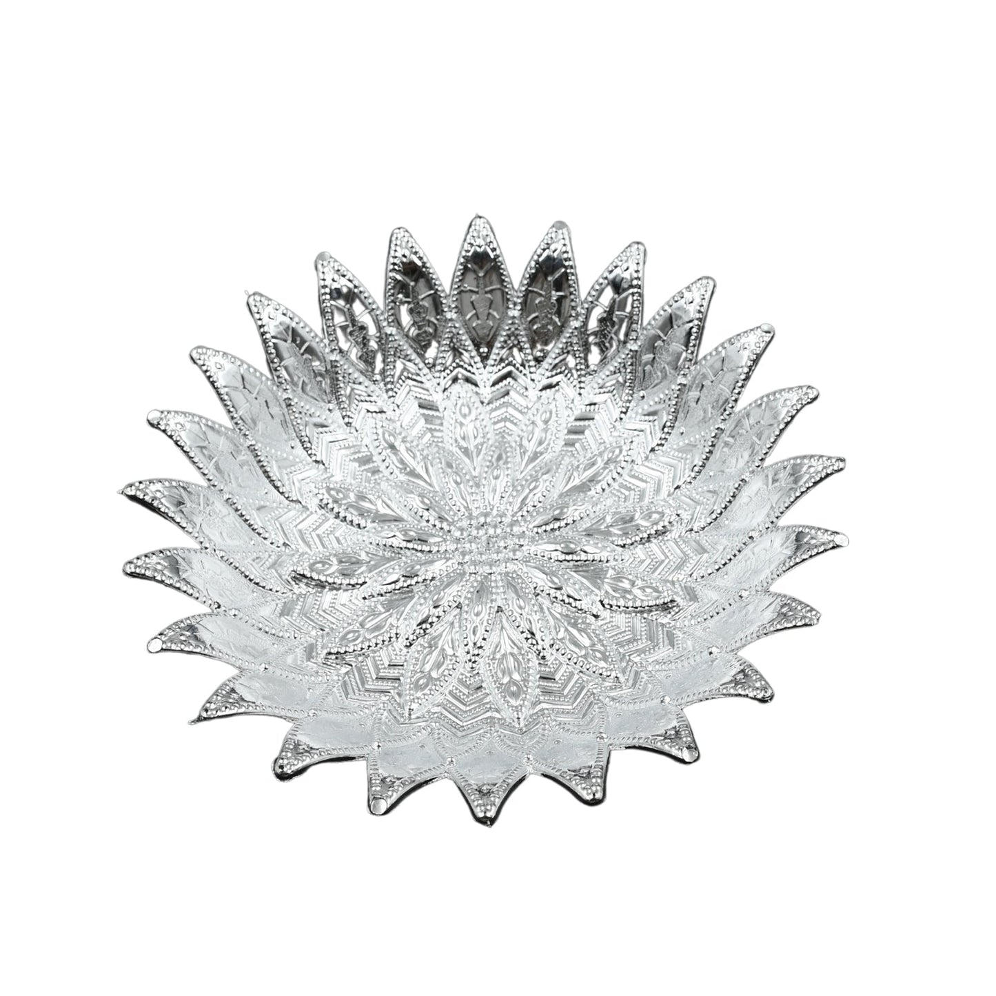 Elegant plastic serving tray with a silver finish, viewed from a top angle on a table.