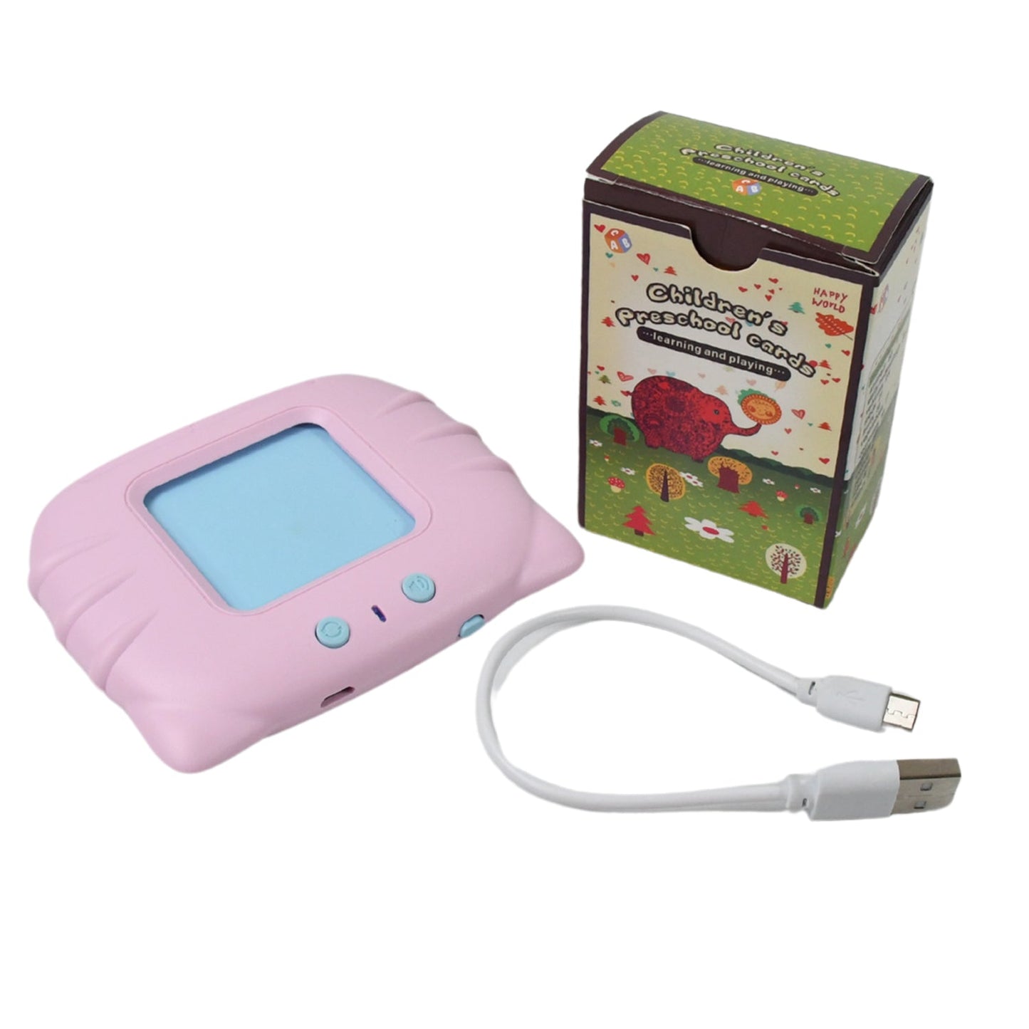 Educational flash cards displaying animals, vehicles, and fruits.