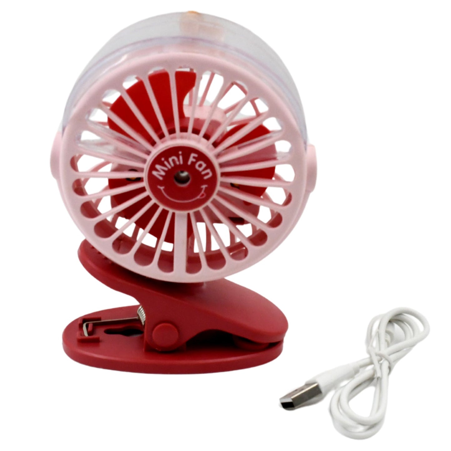 The compact clip-on fan with its refreshing spray mist feature activated.