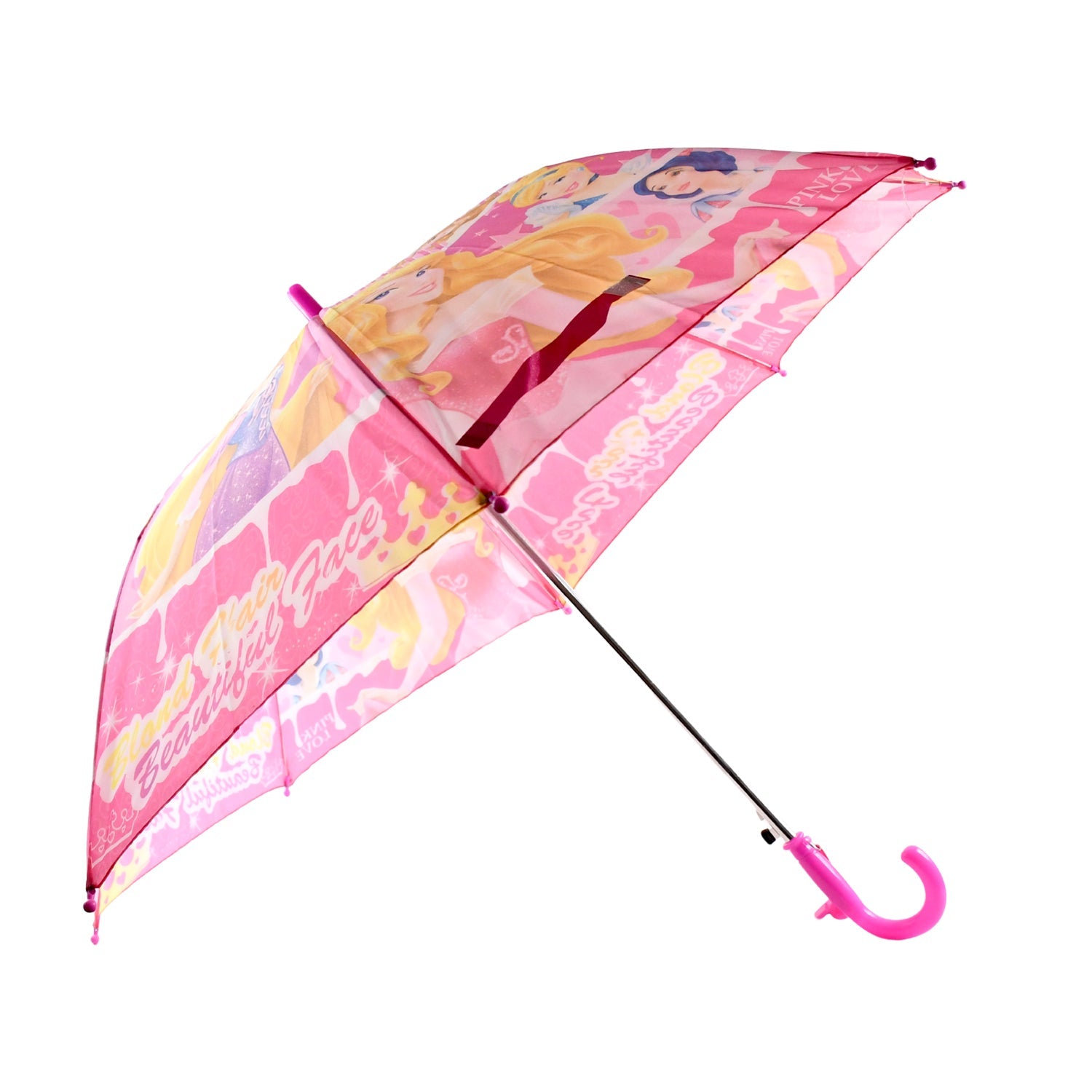 An open pink DrizzlePro umbrella with princess illustrations and a curved handle is isolated on a white background.