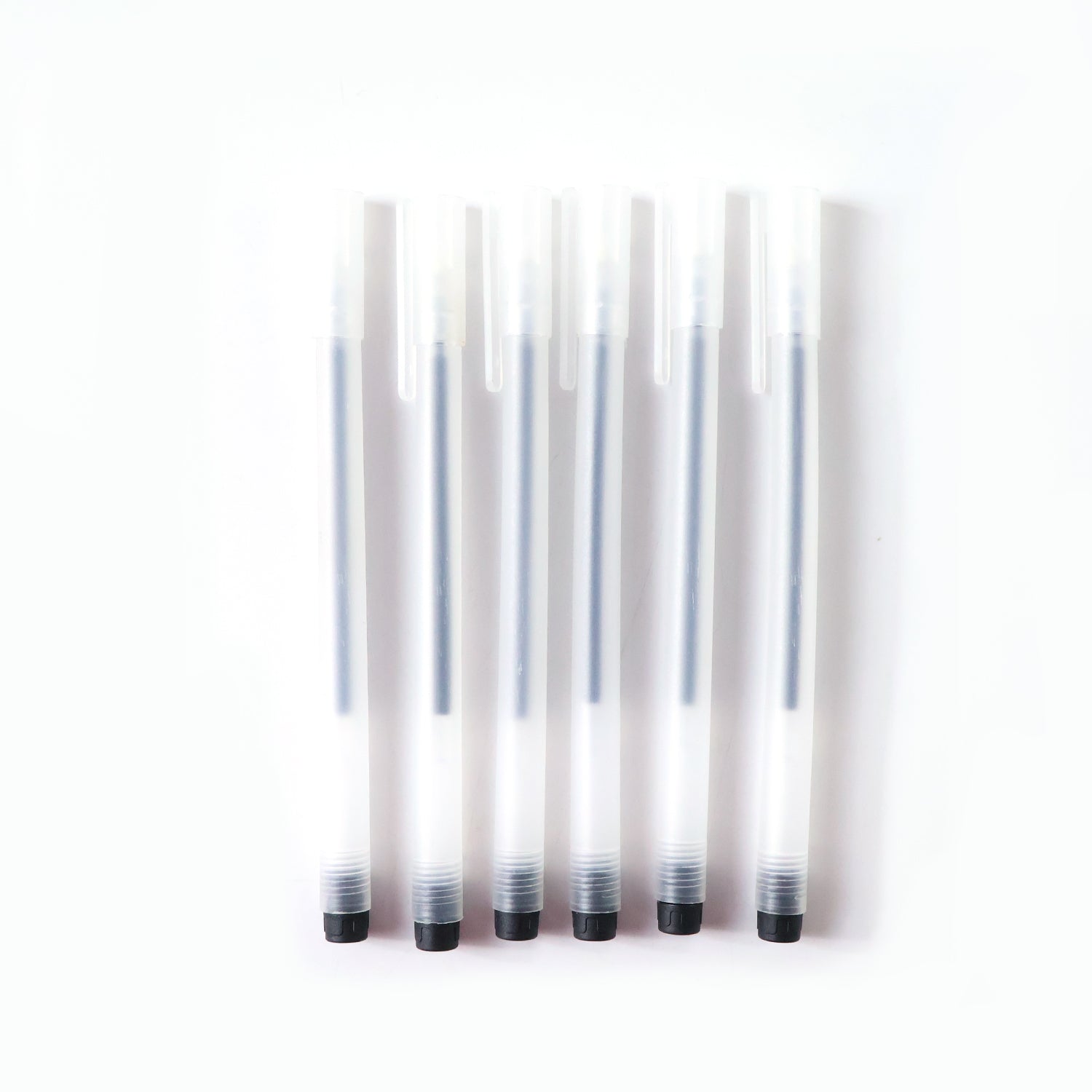 Black gel pen from six-pack featuring lightweight transparent body