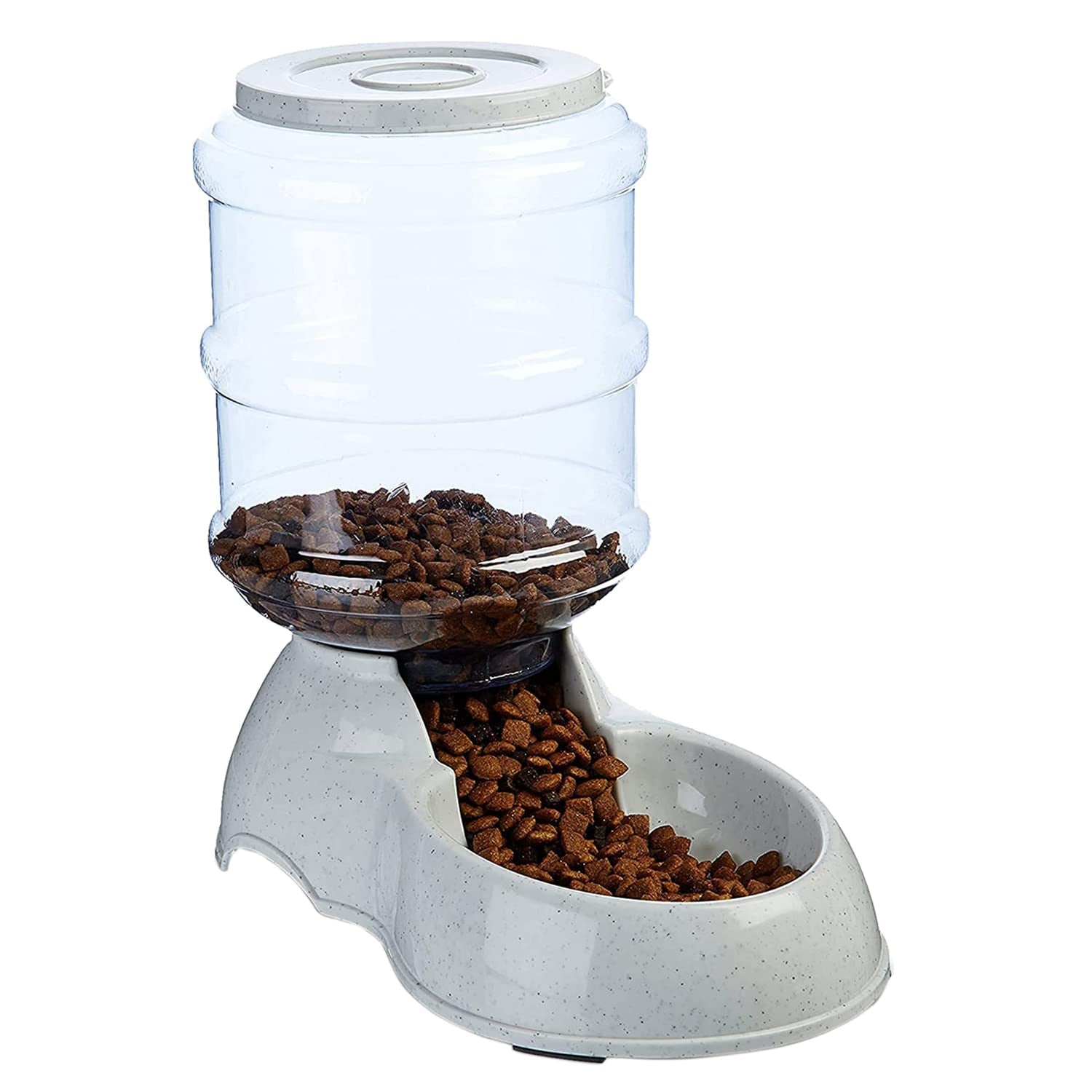 Close-up of the automatic pet food dispenser, highlighting its sturdy base and transparent bottle