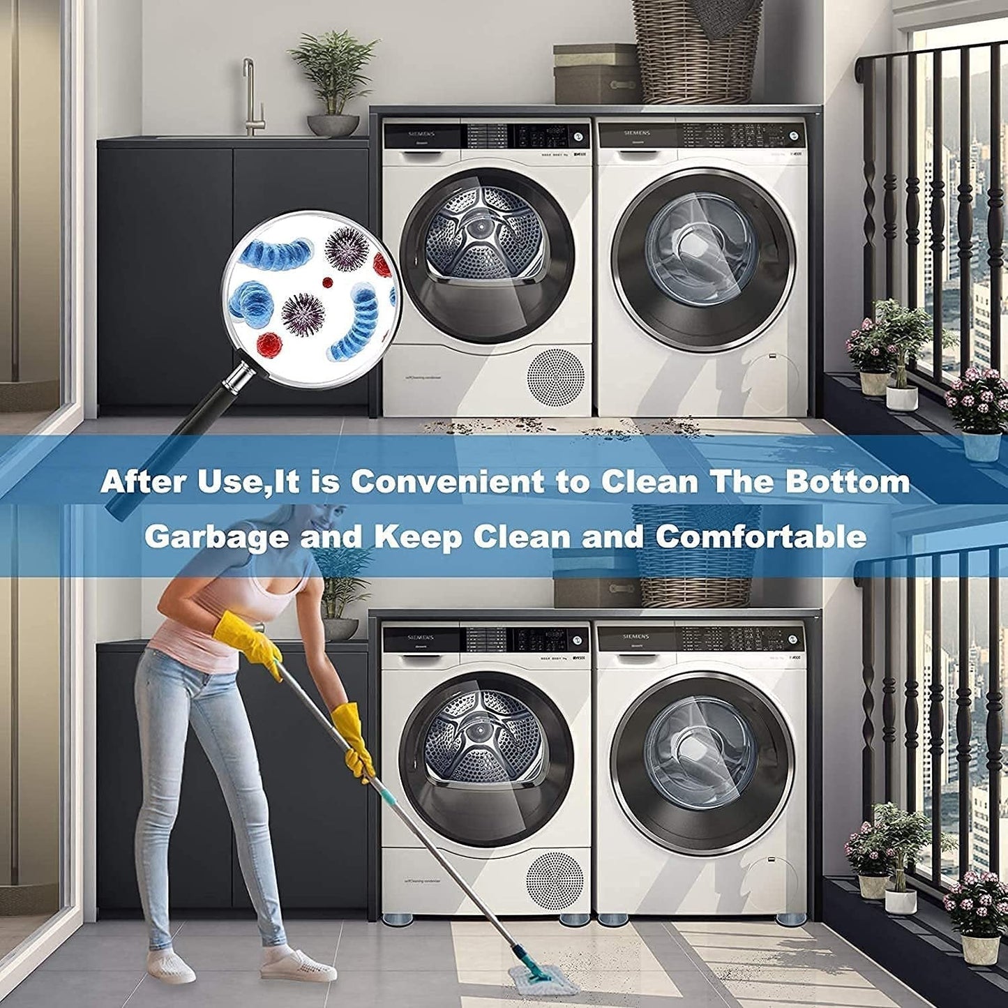 Noise reducing suction cup pads creating a quieter laundry experience.
