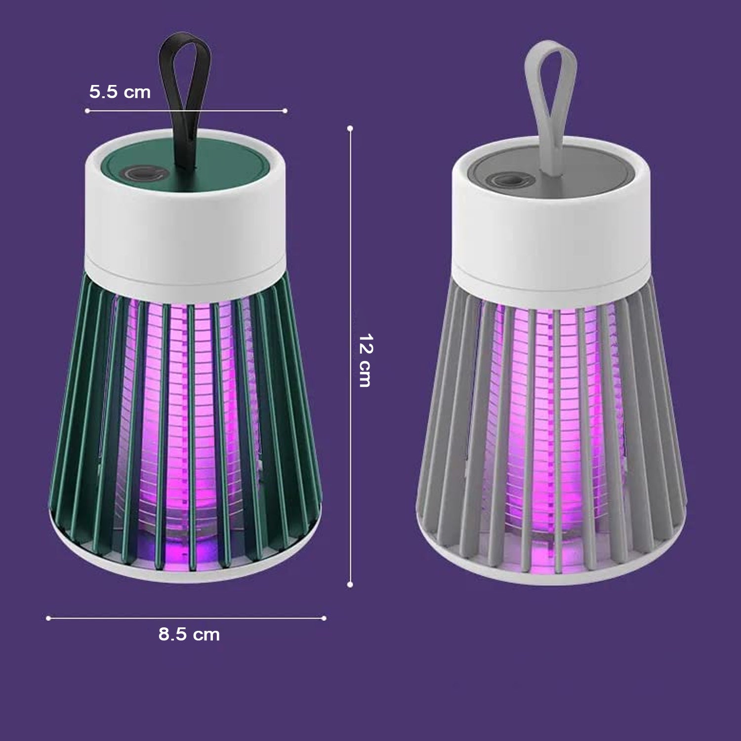 Two Mosquito Killer Lamps, one green and one gray, are shown with their dimensions labeled on a purple background.