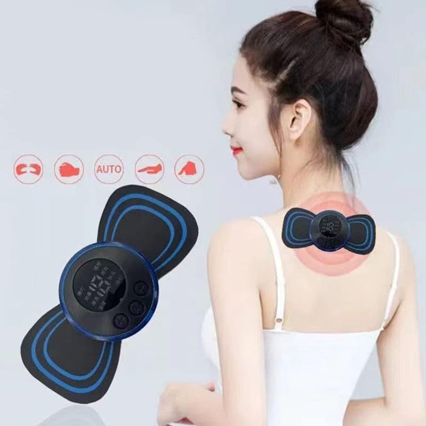 Demonstrating EMS lymphatic drainage benefits with the neck massager.