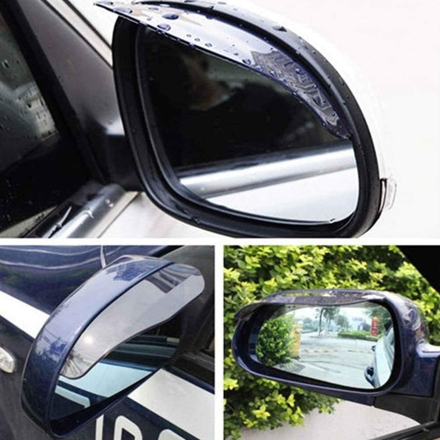 Three views of a car's side mirror with a dark grey rain protector attached, showing water droplets and a clear reflection.