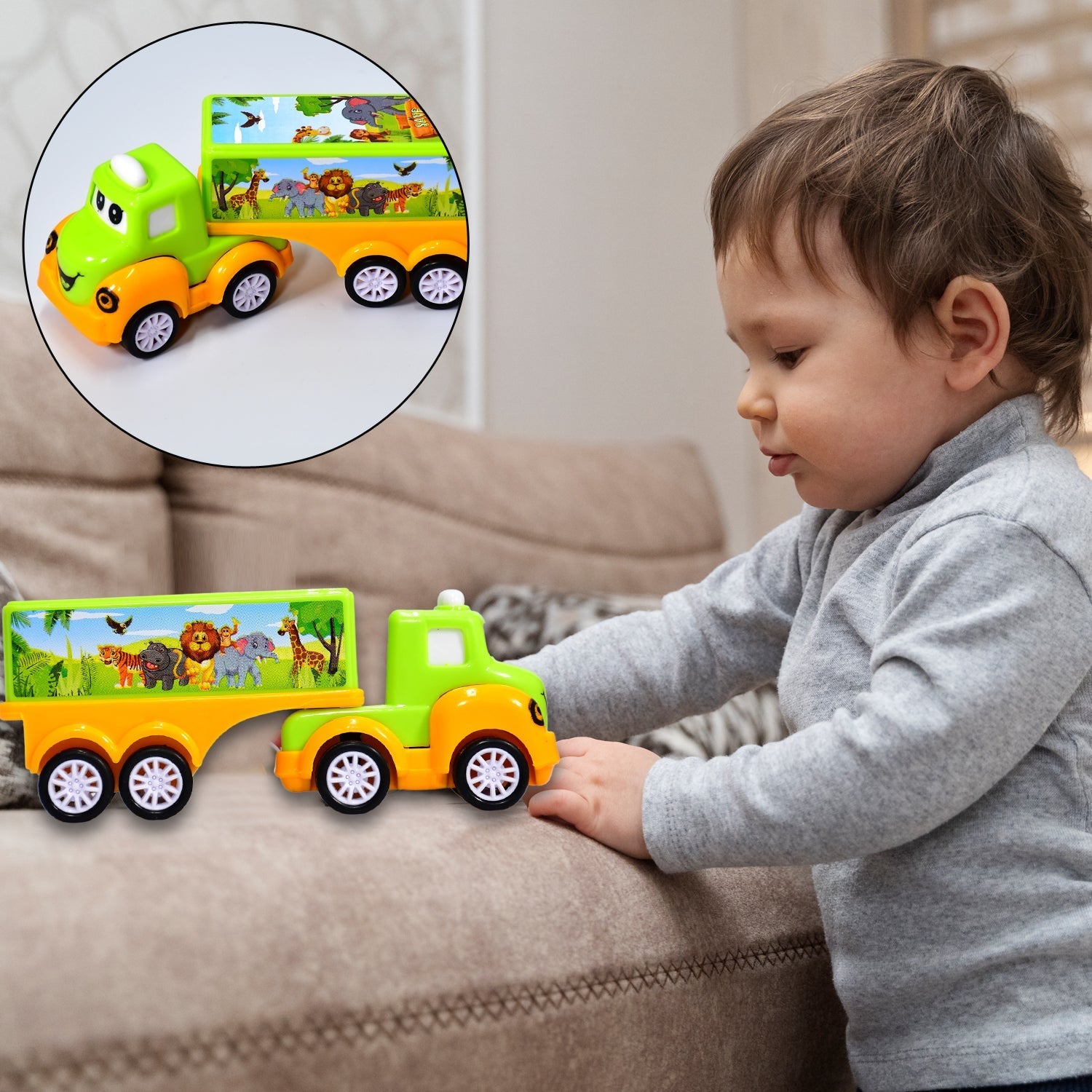 Side view of the non-toxic green and yellow play vehicle.
