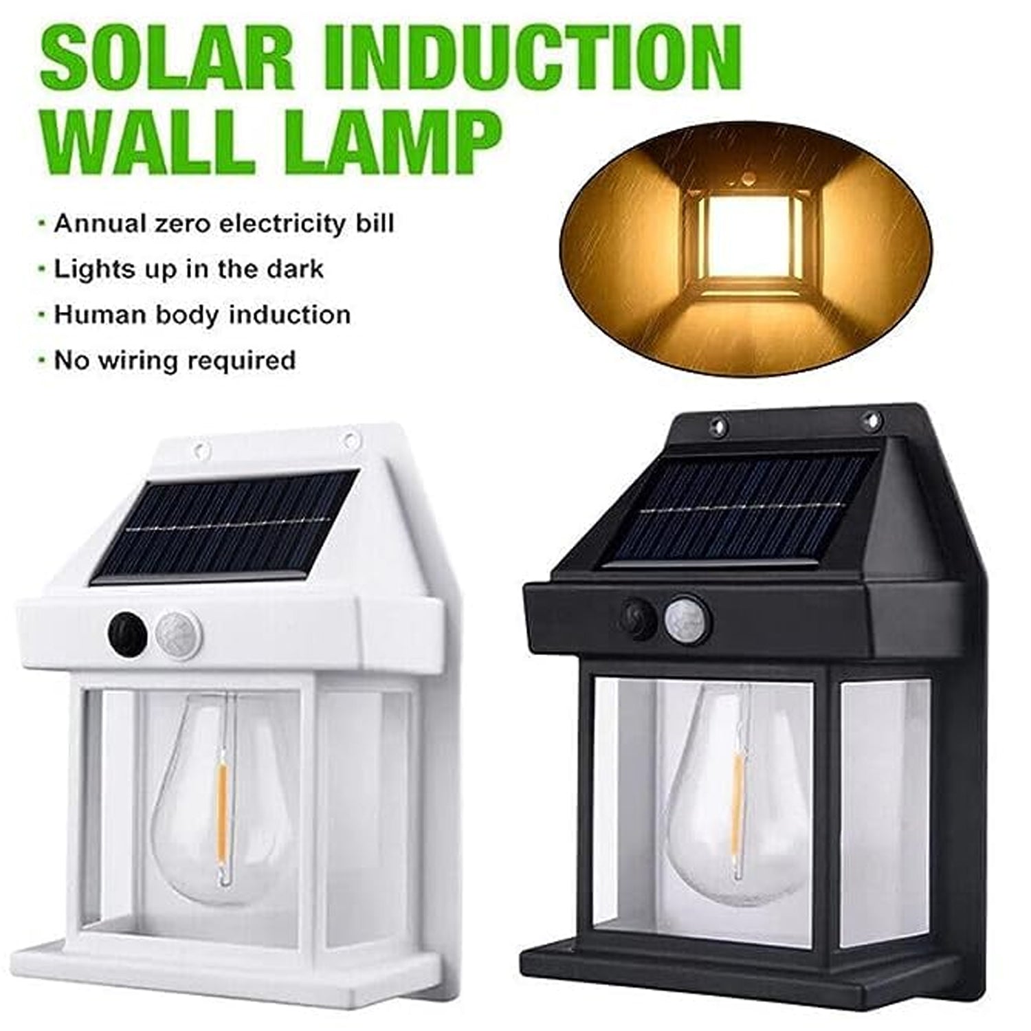 A white and a black solar wall lamp with clear bulbs are side-by-side, with an inset showing a bright light.