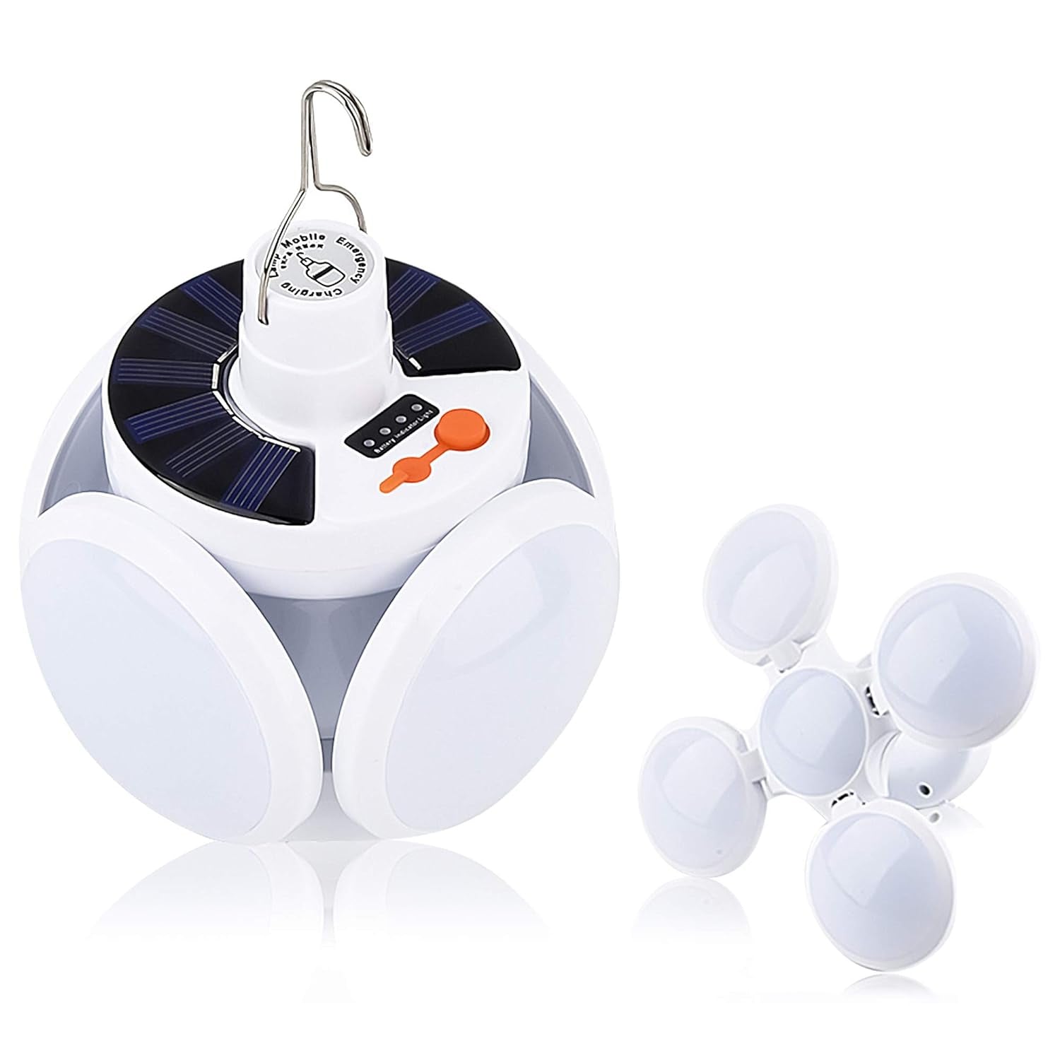 Two white solar camping lights are shown, one in its compact form and the other with its five LED panels fully extended.