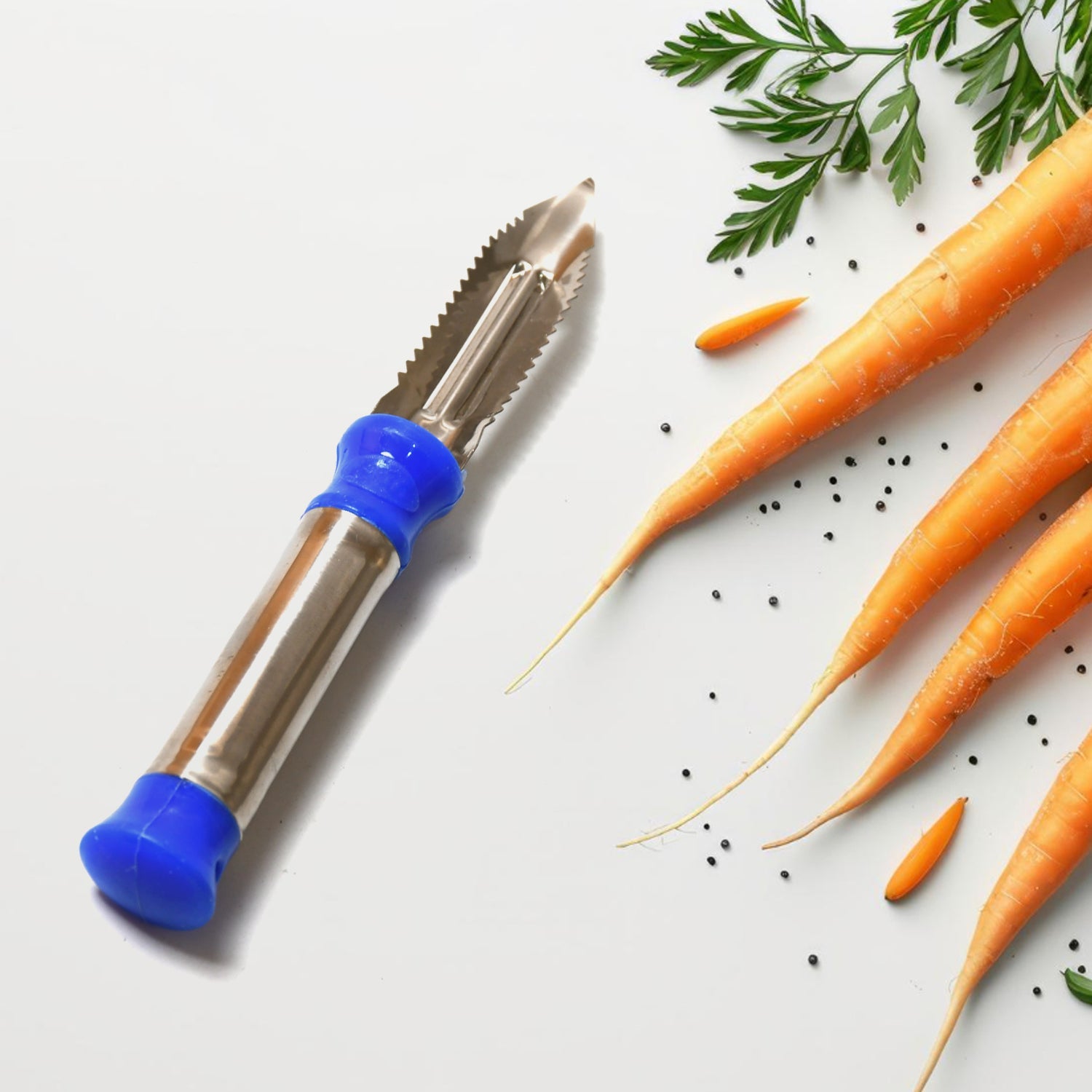 Side view of the ergonomic 2-in-1 vegetable peeler with a convenient hanging ring.