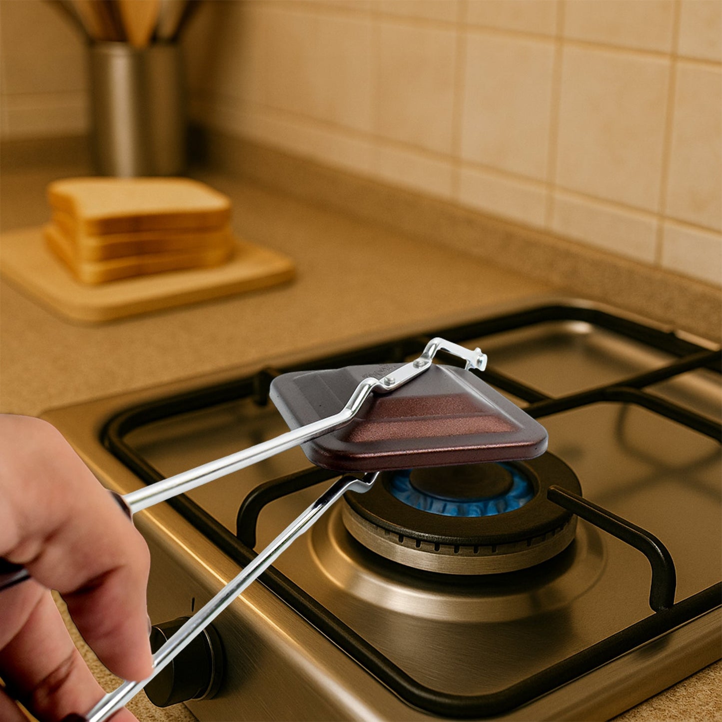 Close up of heat resistant handle on Gas Stove Sandwich Toaster for safe cooking.