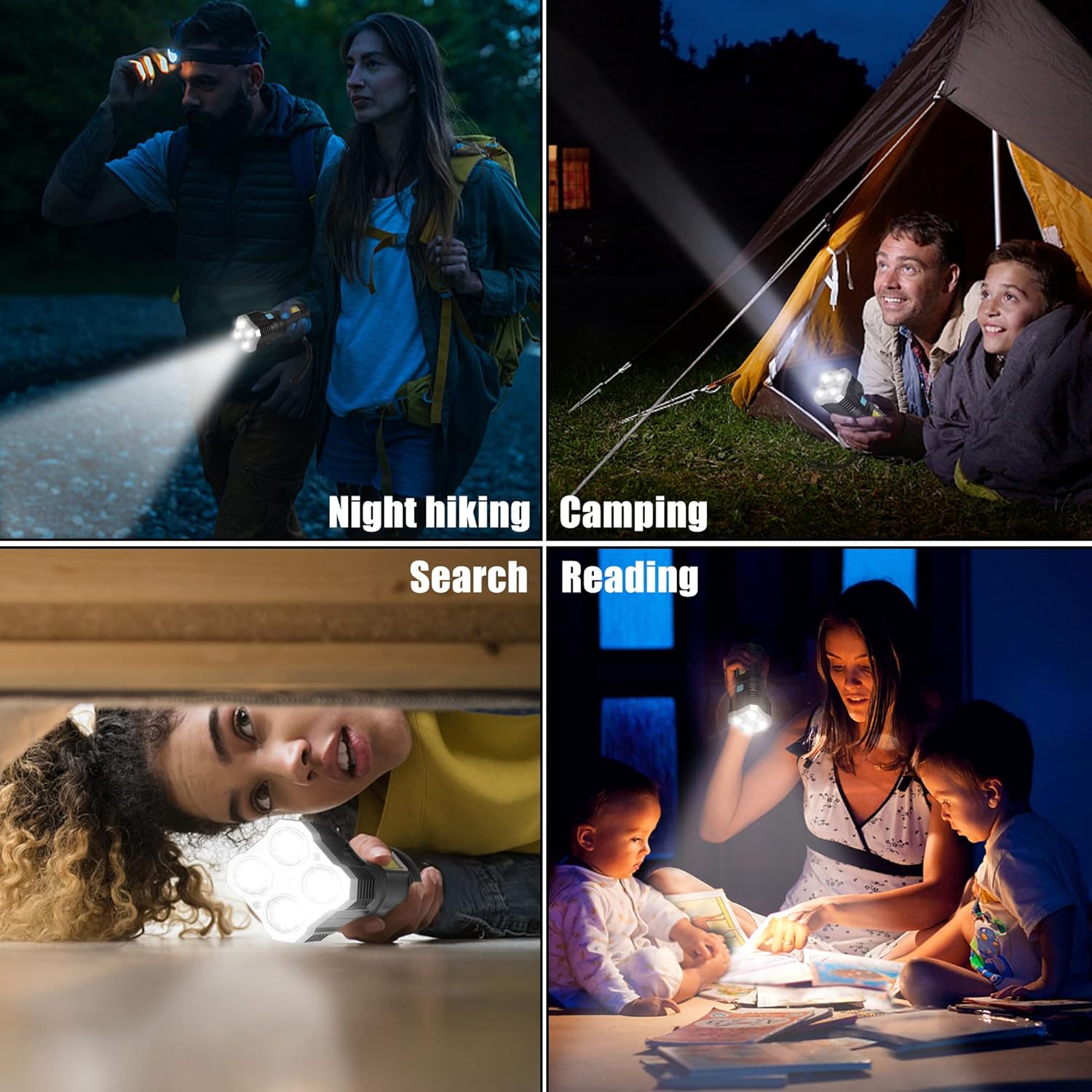 A collage of four scenes showing people using the flashlight for night hiking, camping, searching, and reading.