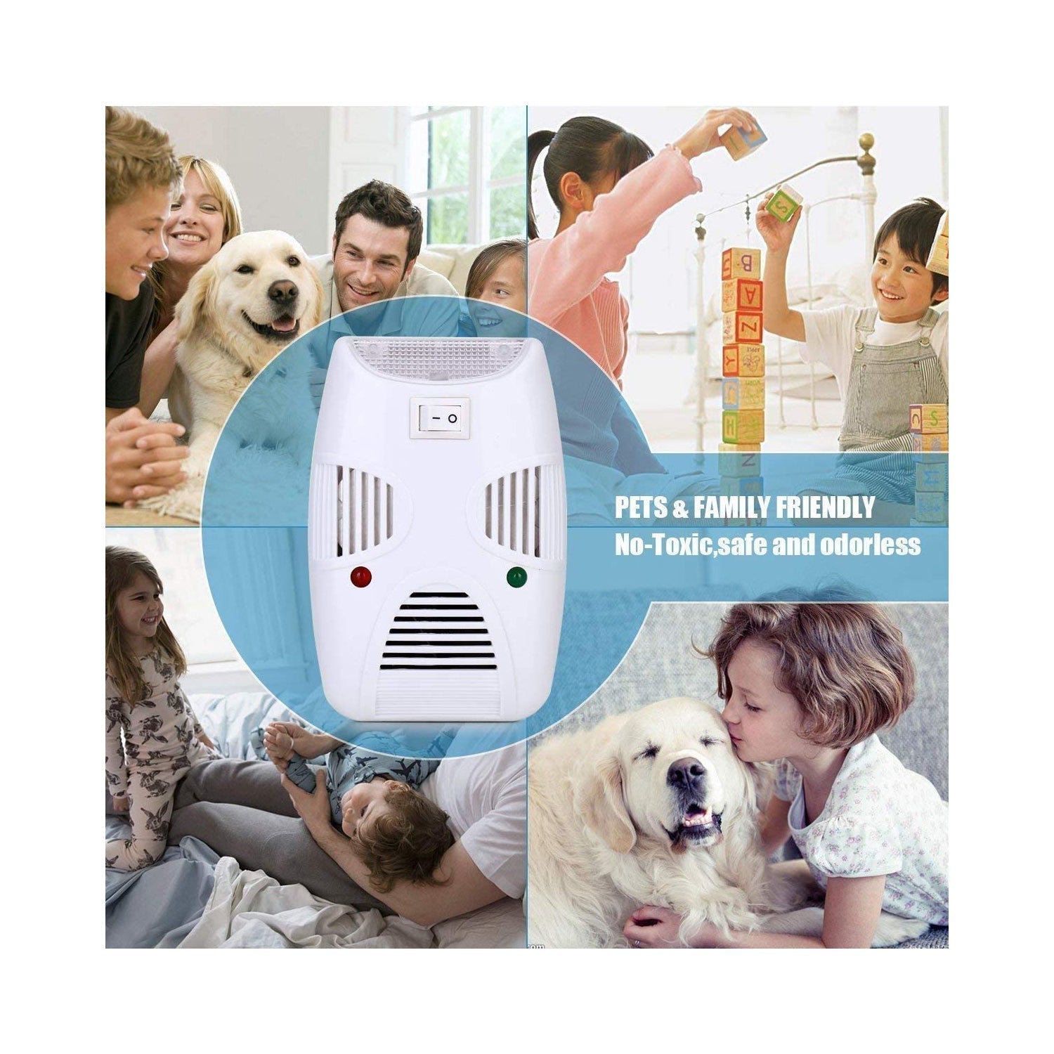 A central white pest repeller surrounded by four circular images of happy families and pets, with text about being pet
