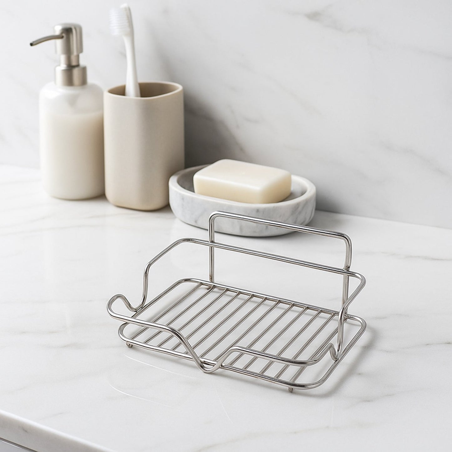 Close-up view of polished stainless steel soap holder with rust-resistant finish