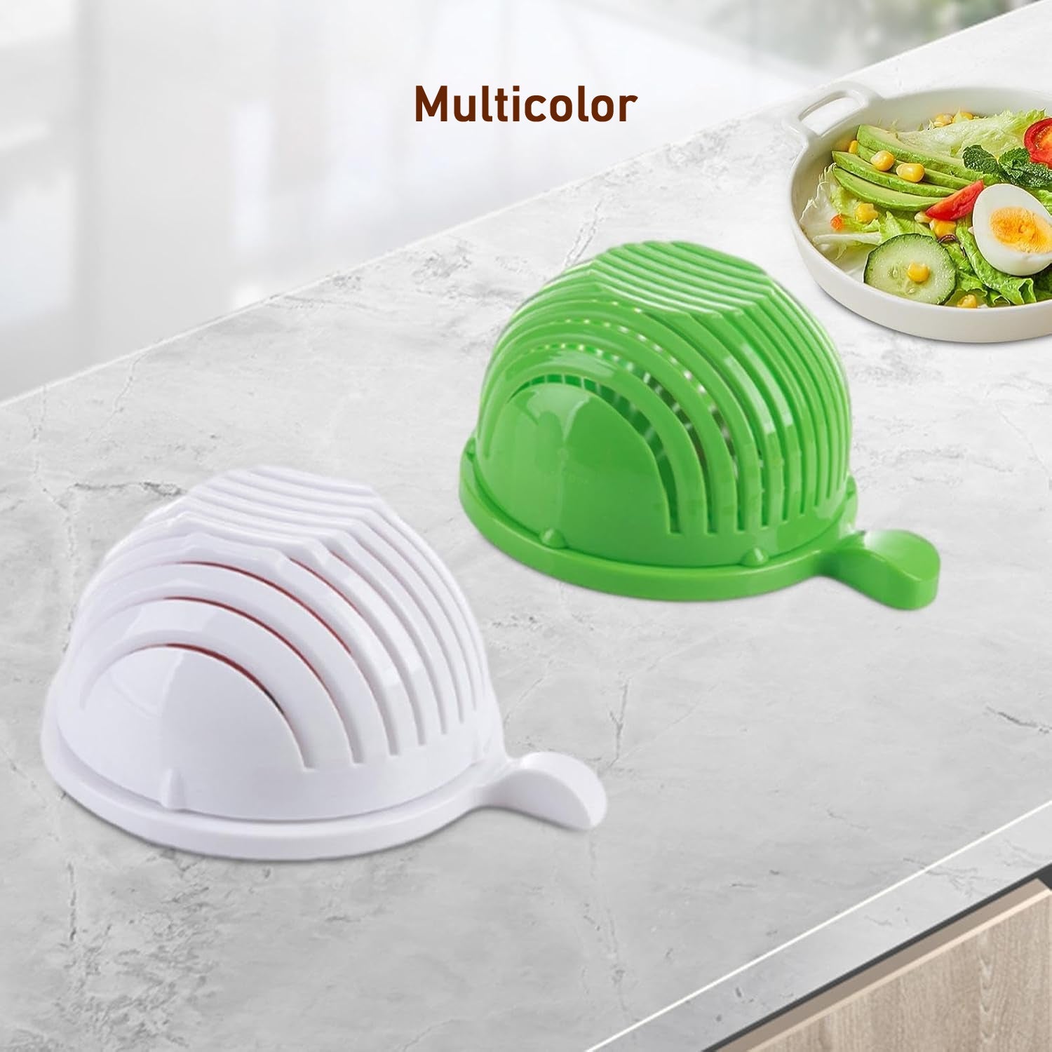 Close-up of the rapid-chop salad bowl's cutting slots, ensuring safe and even slicing.