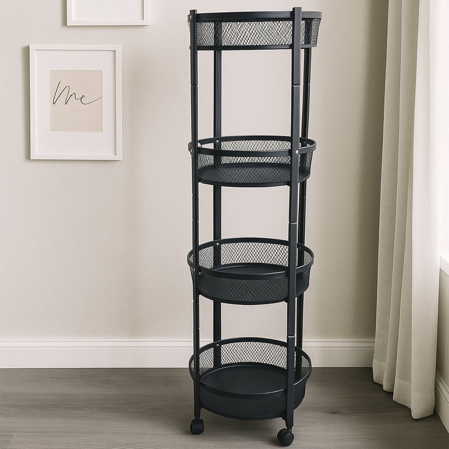 Space-saving 4-layer vertical round metal mesh trolley with caster wheels