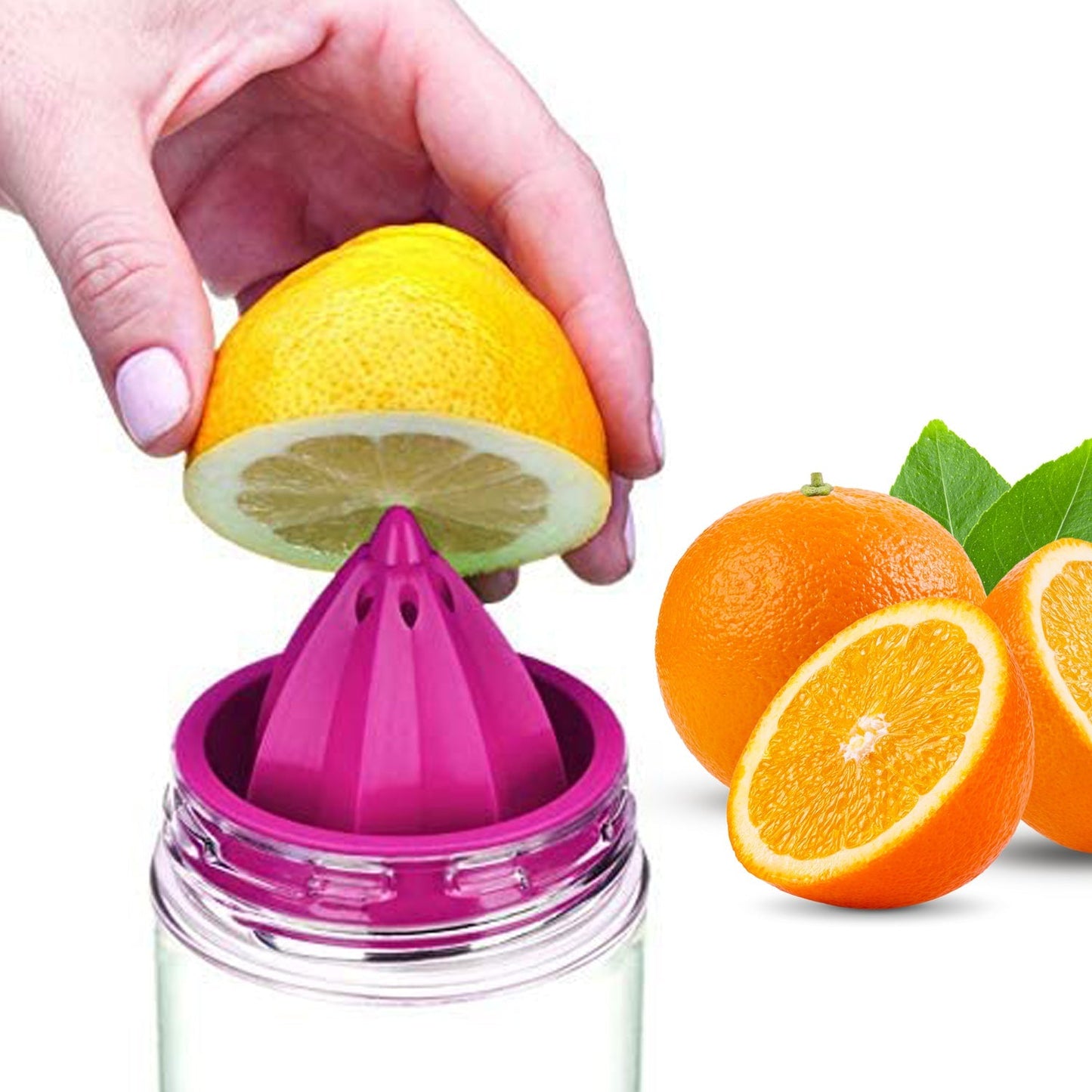 Front view of a vibrant orange Citrus Juicer Sports Bottle with a lemon ready for infusing.