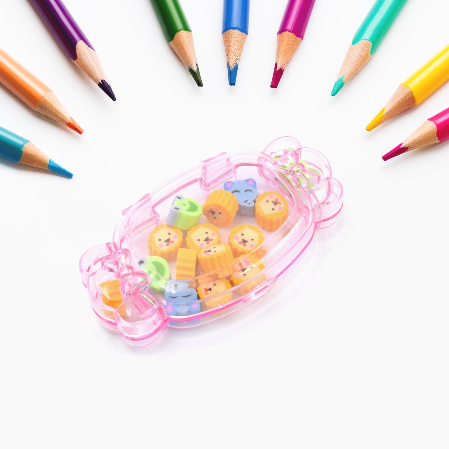 A vibrant School Eraser Set with 15 multi-design rubber erasers for students.