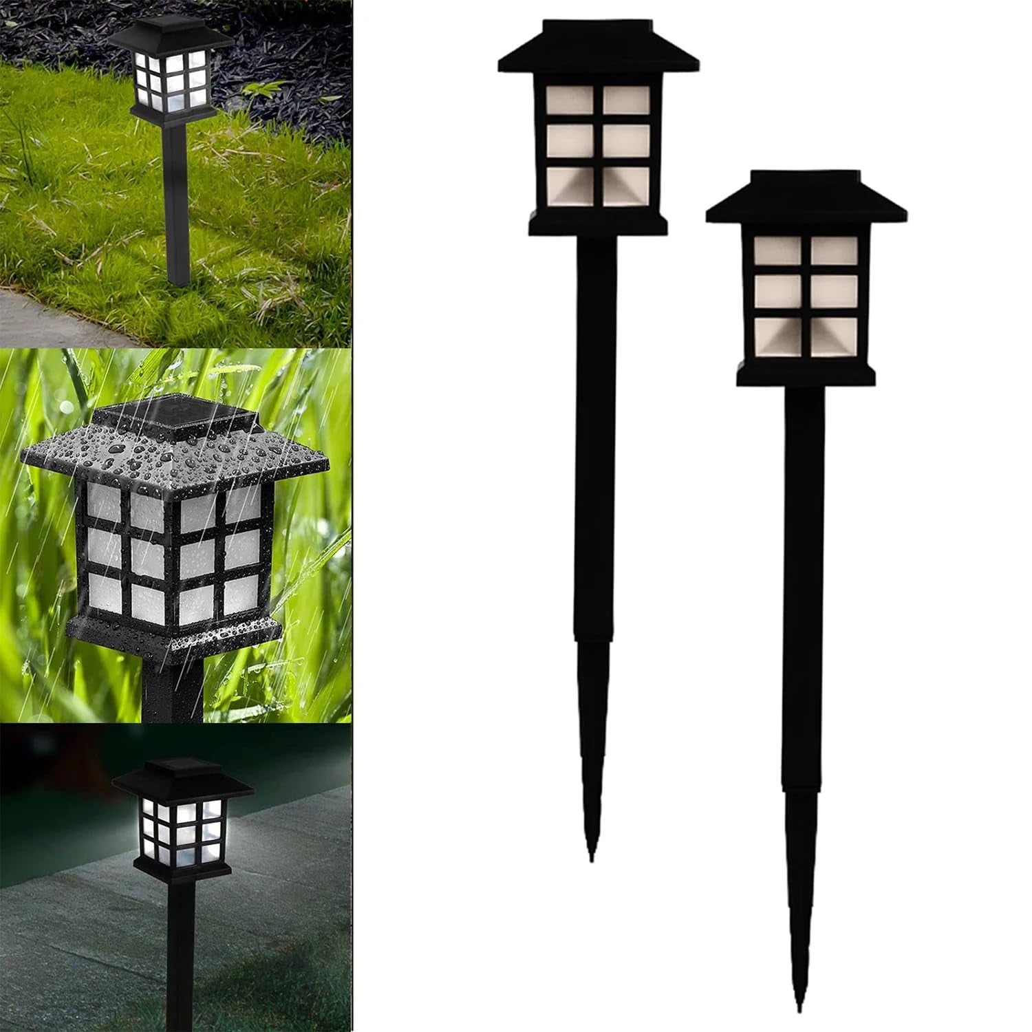 Two black solar garden lights stand on the right, while three insets on the left show them in different outdoor scenarios.